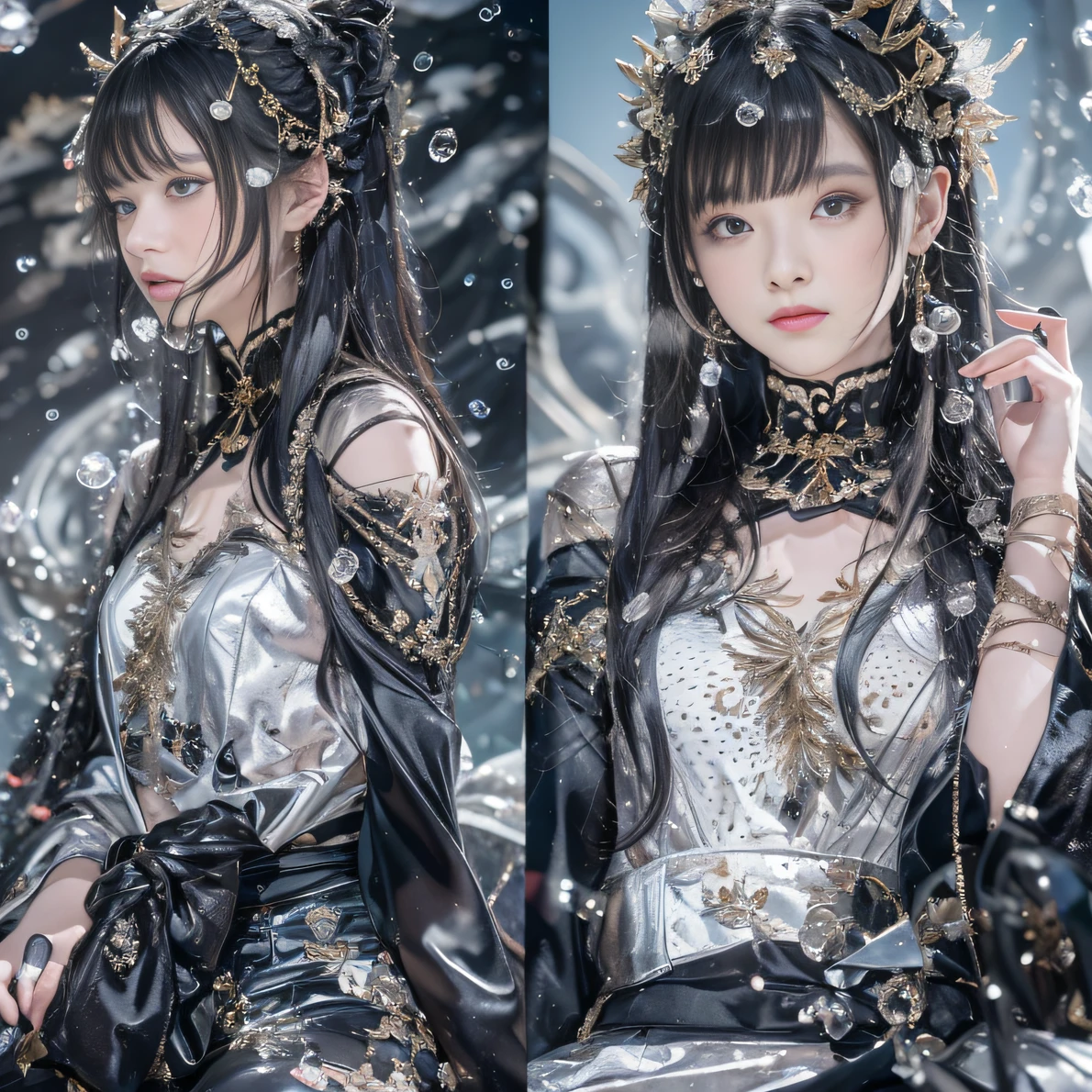 32K(tmasterpiece,k hd,hyper HD,32K)Black-braid fairy,Flowing white bubbles,ponds,zydink, a color(Black braided student), (White bubbles), Combat posture, looking at the ground, Large rolls of rouge bubbles,Black braids,Silk platinum crystal tiara, Chinese long-sleeved black gold garment, Black braids(Abstract water splash:1.2), Gradient canyon background,White bubbles(realisticlying:1.4),Cooking with gas,The gradient background is pure, A high resolution, the detail, RAW photogr, Sharp Re, Nikon D850 Film Stock Photo by Jefferies Lee 4 Kodak Portra 400 Camera F1.6 shots, Rich colors, ultra-realistic vivid textures, Dramatic lighting, Unreal Engine Art Station Trend, cinestir 800,Flowing snowflakes,White bubbles that refract light