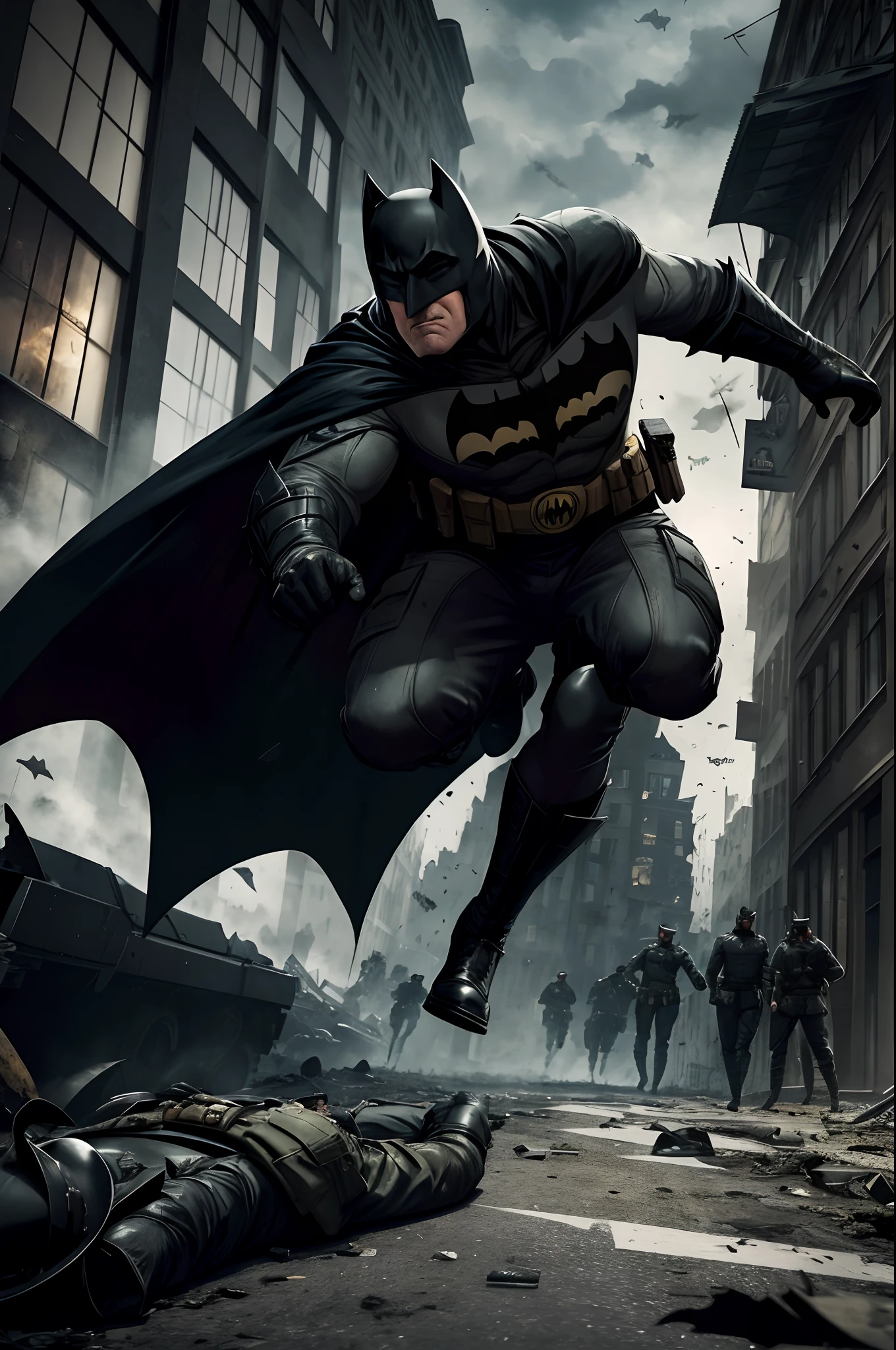 BATMAN enfrenta Hitler "German General of the First World War" que levanta-se dos mortos para destrir Gotham , Bombas dropped from planes destroy the streets of Gotham, The streets are littered with blood and human dead in pieces on the floor and in the windows, BATMAN rushes to help the survivors before Hitler stops him again