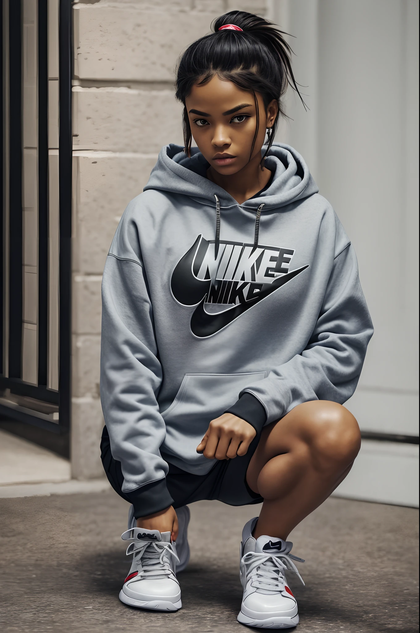 an swagger perfect badass fearful mean agressive imtinimading thug female goddess in bagging sagging hoodie with a zip flex theis dropping dipping low nike shoes skimming swagger style swagger poses cocky arrogant head tilit lean