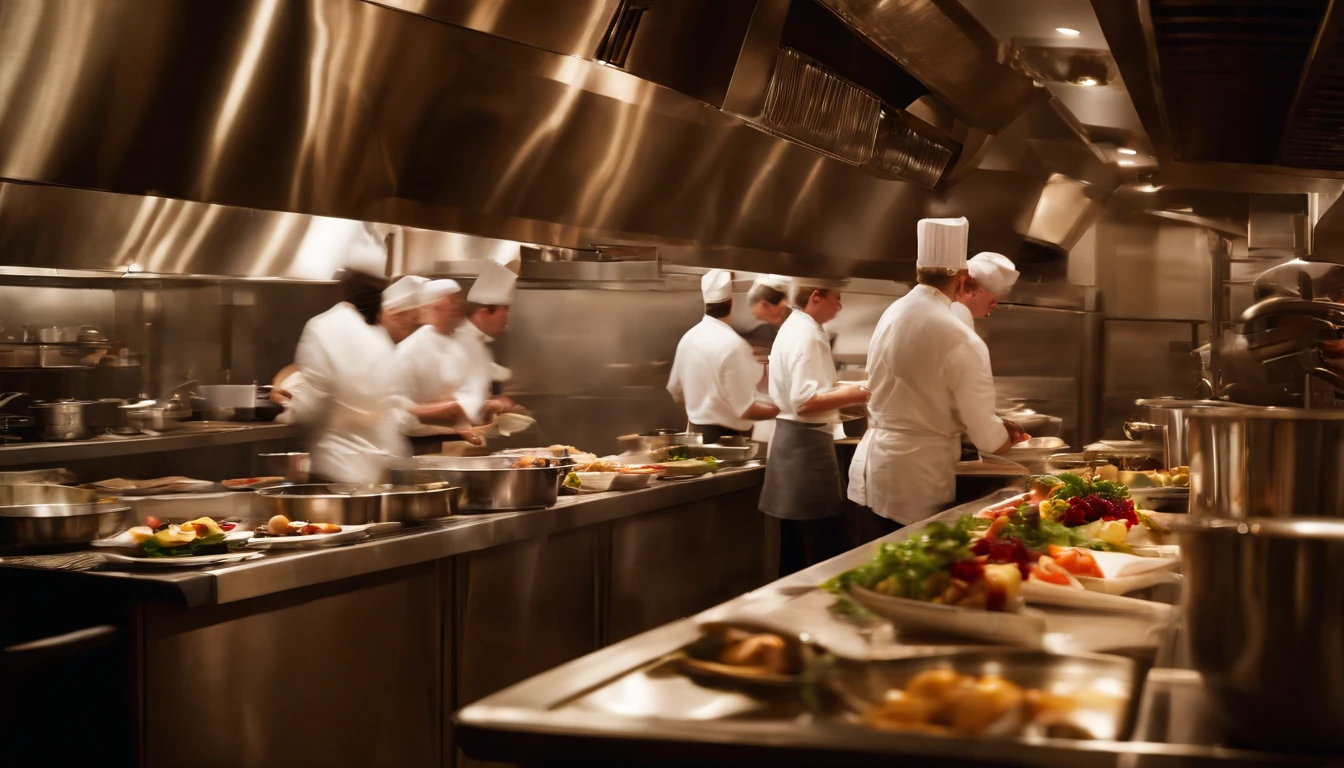 "Produce a photograph of a high-end restaurant kitchen during a busy dinner service. Capture the chefs in action, the sizzle of pans, and the exquisite presentation of dishes. Skillfully incorporate a digitally rendered menu board with intricate descriptions and images of the restaurant's signature dishes."