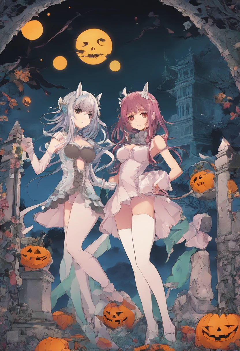 Hot adult anime women in very revealing costumes trick or treating in a grave yard with monsters in the style of anime NSFW