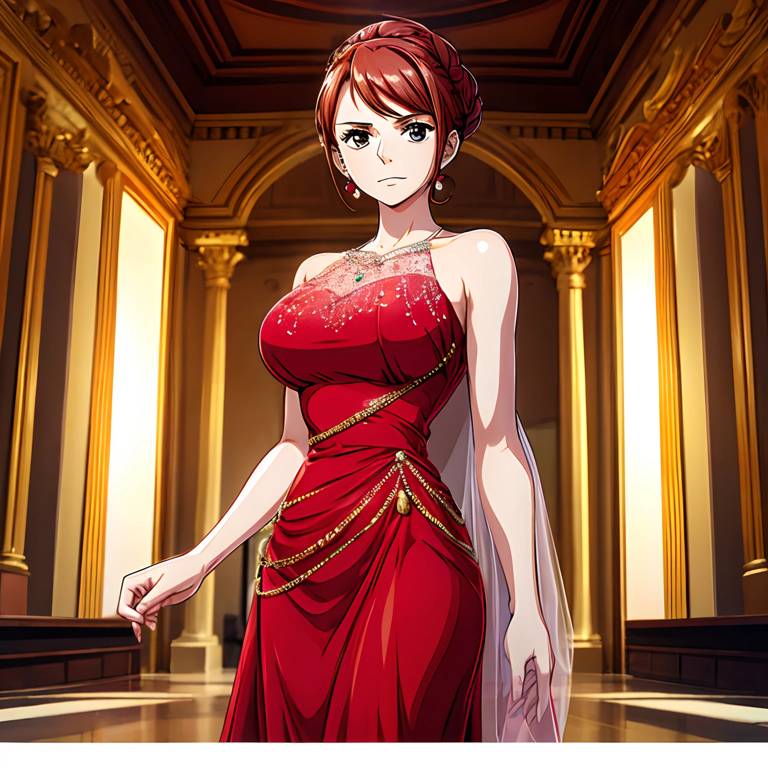 Alone at home, wearing a red chiffon dress, with a transparent and embellished round neckline, and long transparent shoulders,Masterpiece, Best Quality, Volumetric Lighting, Dynamic Standing, Detailed Clothes, Detailed Face, Detailed Eyes