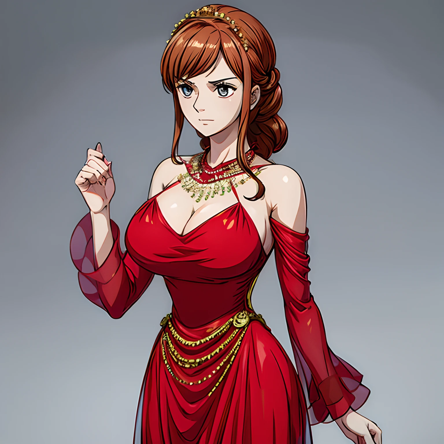 Alone at home, wearing a red chiffon dress, with a transparent and embellished round neckline, and long transparent shoulders,Masterpiece, Best Quality, Volumetric Lighting, Dynamic Standing, Detailed Clothes, Detailed Face, Detailed Eyes