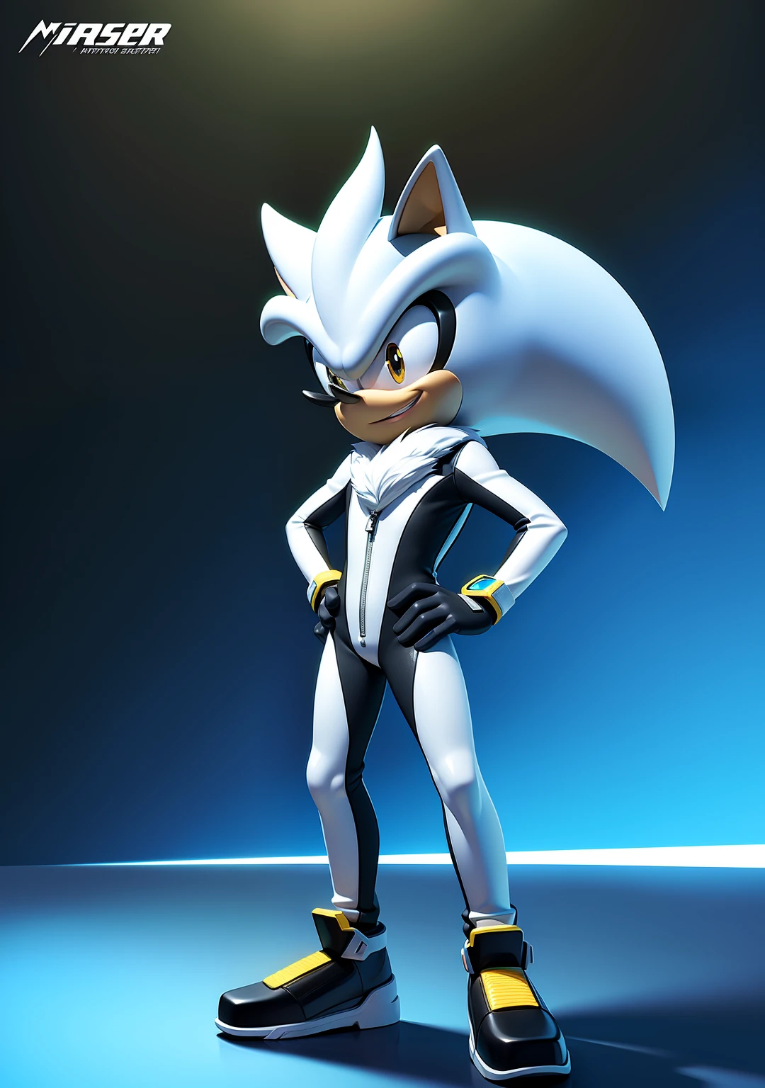 ((masterpiece)), ((8k quality)), (no watermark), Silver The Hedgehog, male, smiling, detailed nightclub background, standing, one hand on hip, other hand at side, (solo:1.4), full body racing suit