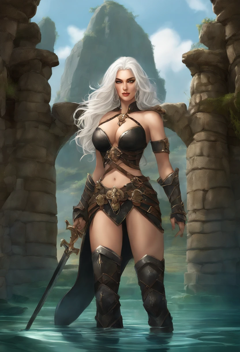 Illustration of very busty gigantic breasted scantly clad female knight with long flowing white hair, mature woman, milf, wearing black leather body straps harness tightening up. Micro thong masterpiece sketch ancient ruins moss shallow water looking at viewer teasing you with her breasts, anime style.