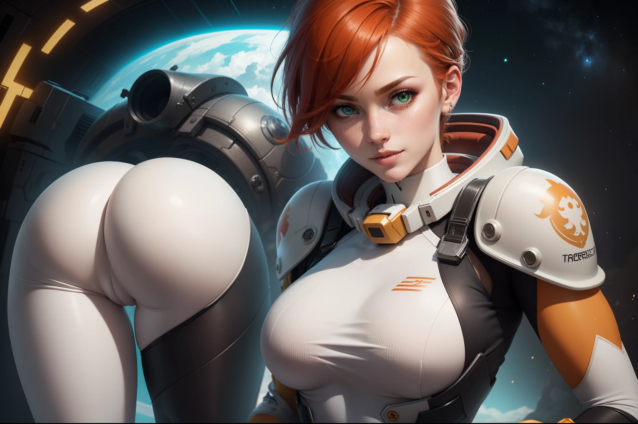 gwen tennyson,tracer,samus,rebecca chambers,overwatch,gundam,1girl,close up,mecha pilot,space port,mecha space suit,space marine,pirate corset,white long sleeve lycra top,wet clothes,white leggings,short hair,war makeup,green eyes,orange hair,hair highlights,shy smile,freckles,redhead,beautiful girl,large breasts,ultra detailed,realistic,fantasy art, ass close up, from behind,