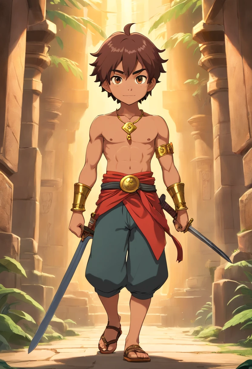 create full body Javanese hero character, 12 year old male, 121 cm tall, muscular body, funny but dignified face, brown skin, bare chested without clothes, black 3/4 trousers, Gold necklace with royal nuances and Javanese carvings, Javanese carved gold bracelet accessories, no leg armor accessories covering knees, gold belt, sandals, with a long sword.