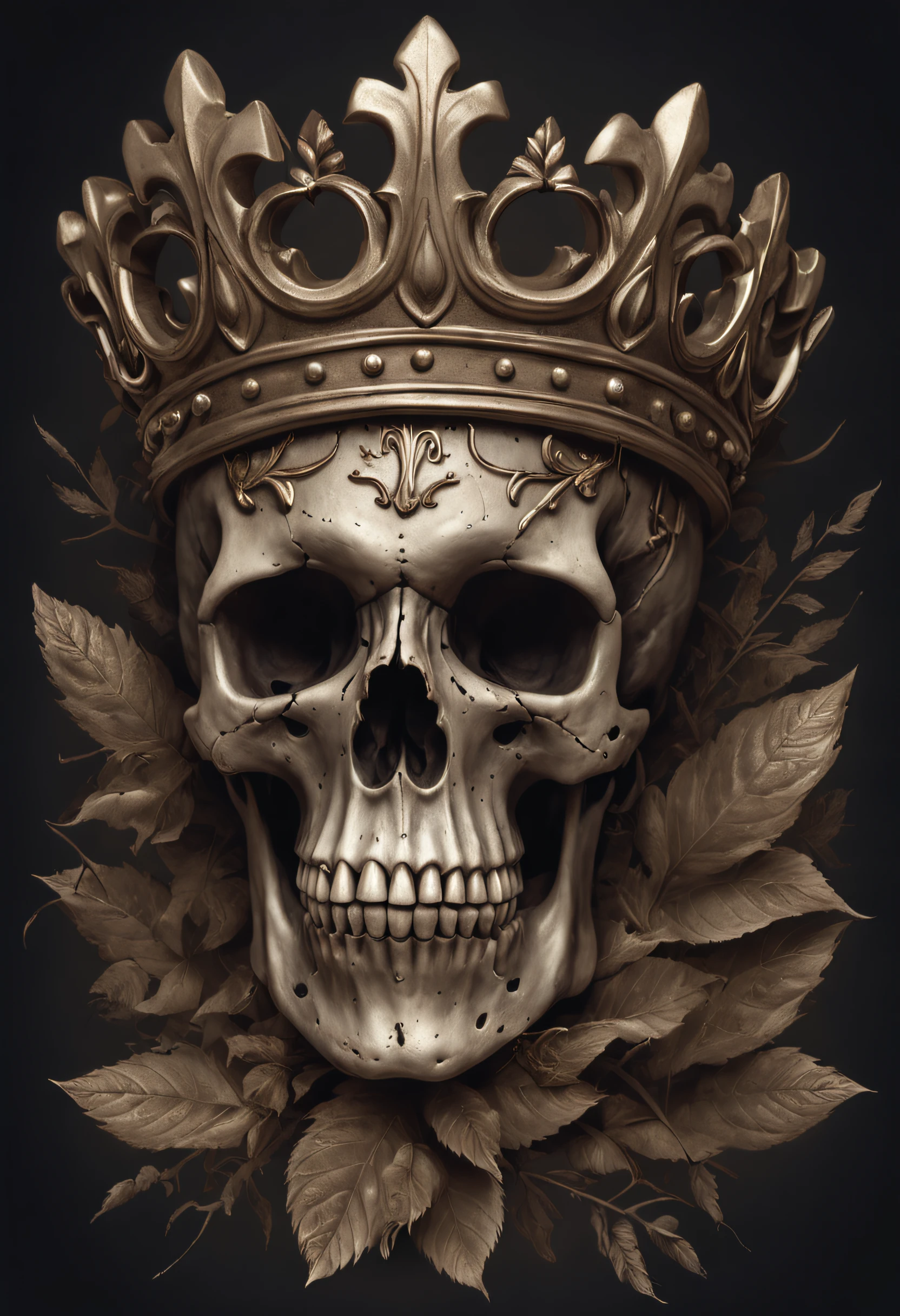 a skull with a crown of thorns and leaves on it, fantasy skull, arte escura altamente detalhada, Arte digital escura, mas detalhada, death skull, Tinta de caveira, skull design for a rock band, skull like, ((skull)), design de tshirt de metal pesado, arte detalhada assustadora em cores, estilo de arte escuro, sacred skull, vida e morte se misturando, morphing skulls