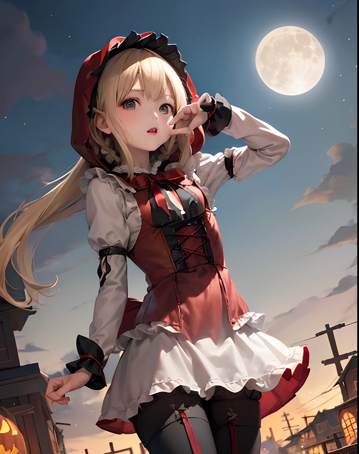 ​masterpiece、hiquality、1girl in、独奏、Marie Rose、cowboy  shot、embarassed expression、(((Little Red Riding Hood's clothes)))、((White blouses))、((pantyhose))、(long boots)、natta、Pumpkin Lantern、((a miniskirt))、fullmoon、((corsets))