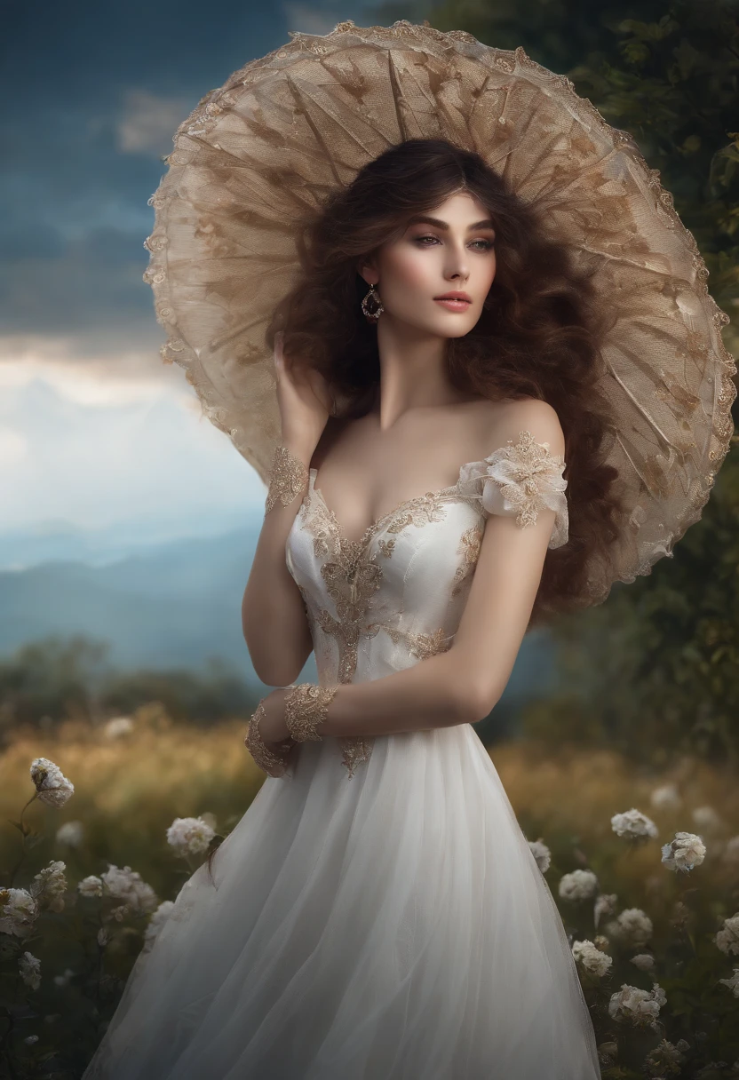 Masterpiece, Best quality, 1fille, (colourfull),(Beautiful, finely detailed eyes and detailed face),lighting cinematic,Tir de buste,extremely detailed CG unity 8k wallpaper,cheveux blancs,seulement,sourire,Jupe complexe,((flying petal)),(Flowery meadow) ciel, nuageux_ciel, building, Clair de lune, lune, Nuit, (dark themed:1.3), luz, fantaisie,