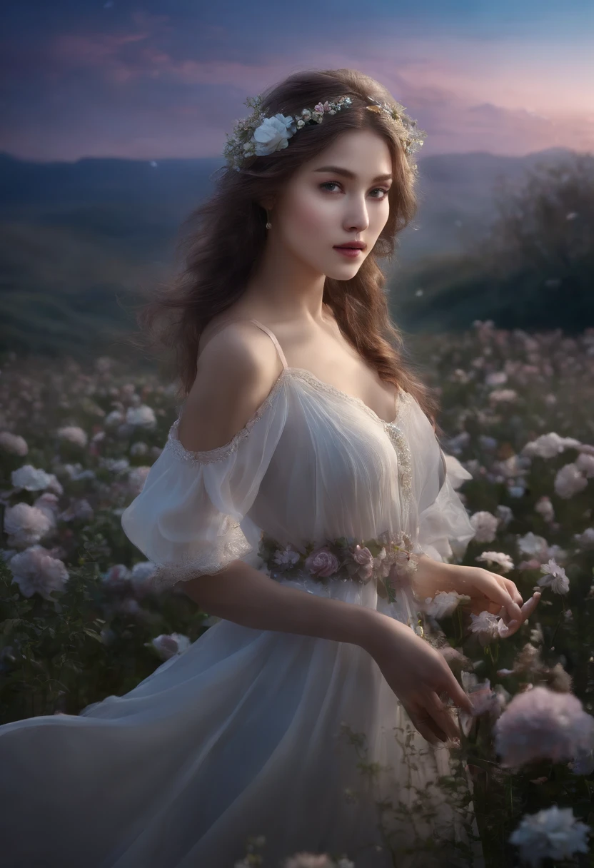 Masterpiece, Best quality, 1fille, (colourfull),(Beautiful, finely detailed eyes and detailed face),lighting cinematic,Tir de buste,extremely detailed CG unity 8k wallpaper,cheveux blancs,seulement,sourire,Jupe complexe,((flying petal)),(Flowery meadow) ciel, nuageux_ciel, building, Clair de lune, lune, Nuit, (dark themed:1.3), luz, fantaisie,