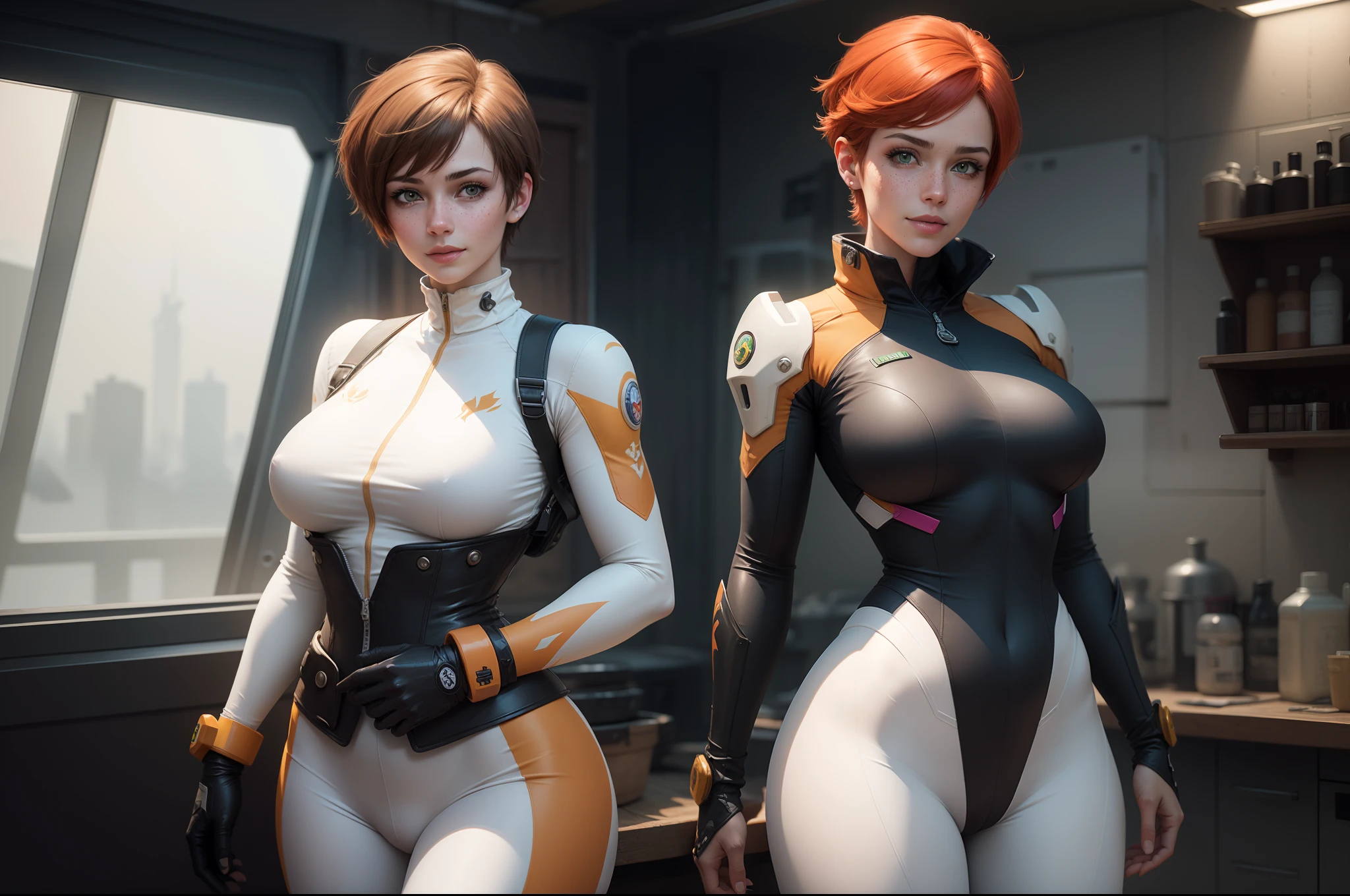 gwen tennyson,tracer,samus,rebecca chambers,overwatch,gundam,1girl,close up,mecha pilot,space port,mecha space suit,space marine,pirate corset,white long sleeve lycra top,wet clothes,white leggings,short hair,war makeup,green eyes,orange hair,hair highlights,shy smile,freckles,redhead,beautiful girl,large breasts,ultra detailed,realistic,fantasy art, nipples,