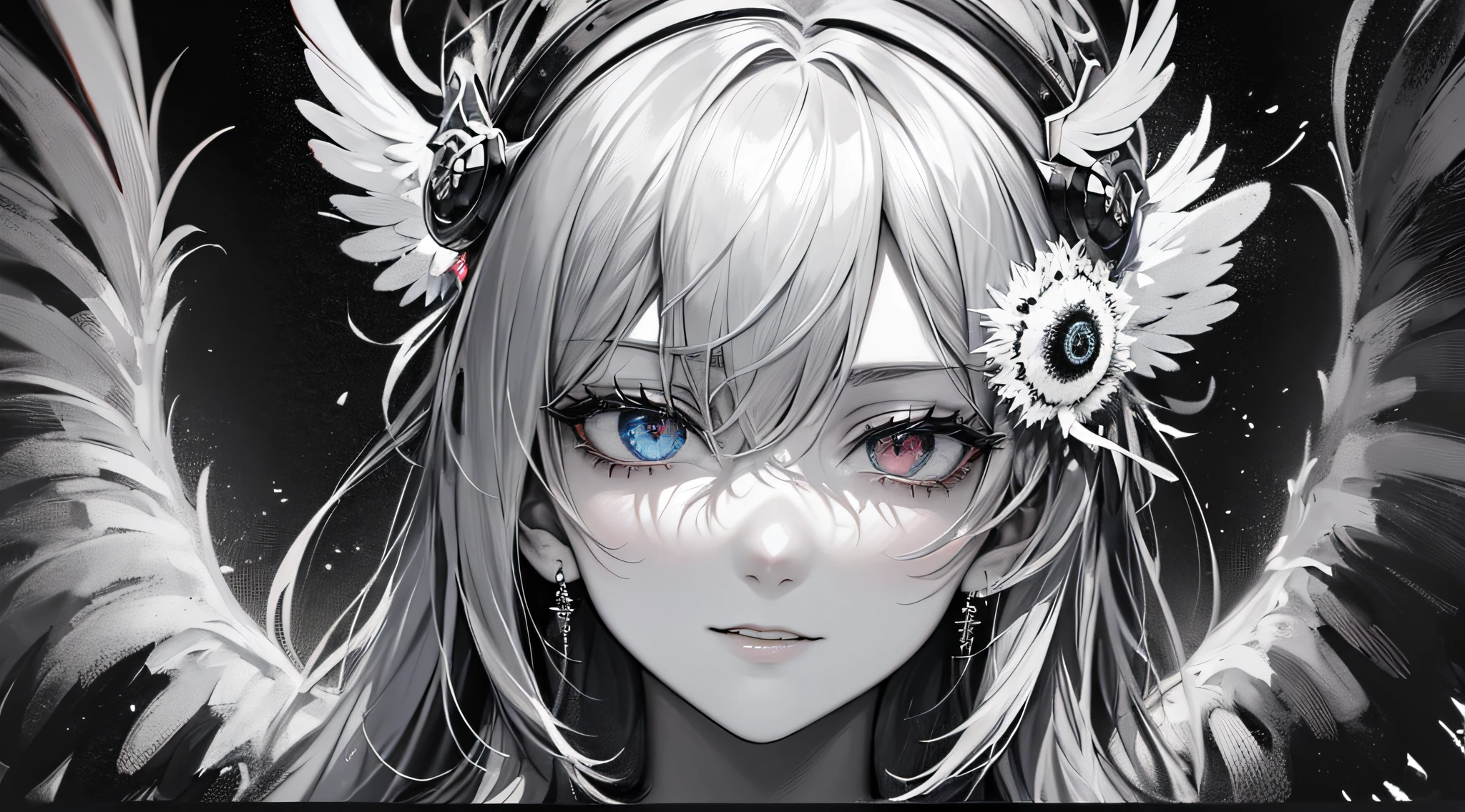 tmasterpiece,Portrait of an angel in prayer,Evil countenance,Three eyes,eye closeds,Black and white wings,A frame eroded by darkness and light