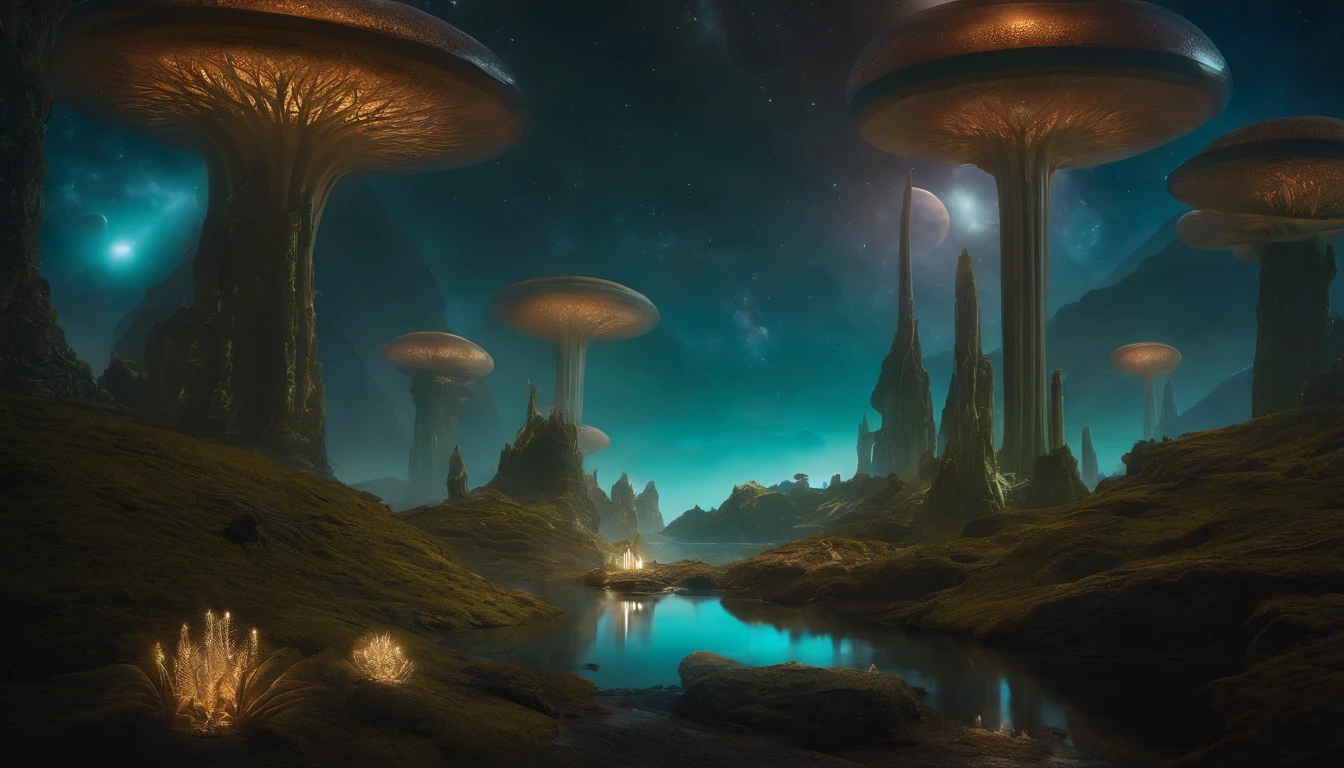 Imagine a surreal extraterrestrial landscape on a distant alien planet. Envision towering crystalline structures that reach into a sky filled with multiple moons and a kaleidoscope of iridescent colors. The ground should be covered in luminescent, bioluminescent flora, emitting a soft, otherworldly glow. Integrate fantastical creatures with ethereal wings and playful features exploring this alien realm. Have text written in a fictional, alien script floating elegantly in the atmosphere, translating to 'Harmony of the Celestial.' Let the entire scene radiate a sense of enchantment and wonder, defying the laws of our known universe."