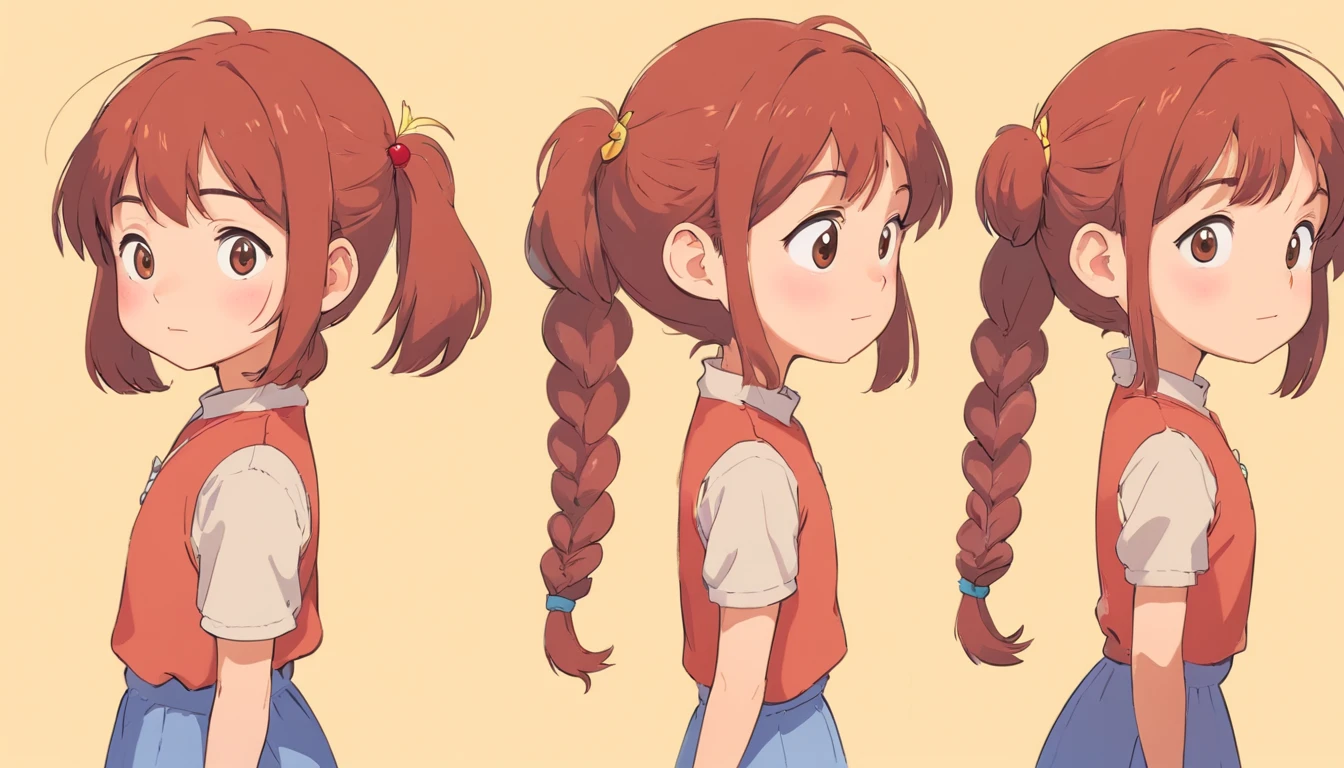 cute girl, multiple poses and expressions, character sheet, ghibli style, childrens book, illustrasion,