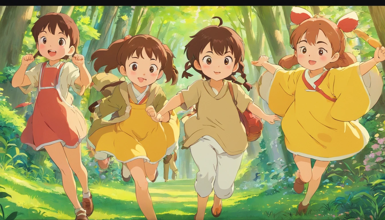 cute girl, multiple poses and expressions, character sheet, ghibli style, childrens book, illustrasion,