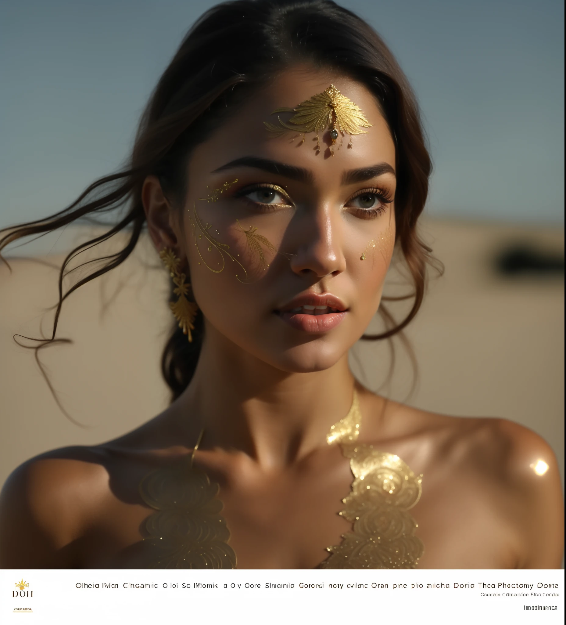 Un primer plano de una mujer con pintura dorada en la cara, Pintura corporal dorada, Pintura corporal dorada, piel dorada, tatuajes de cara dorada, piel dorada, Cuerpo de oro, Envuelto en aceite dorado brillante, inspirado por Hedi Xandt, Diosa dorada, cinematic goddess body shot, cinematic goddess close shot, - Shanina Shaik como Medusa., cinematic goddess shot