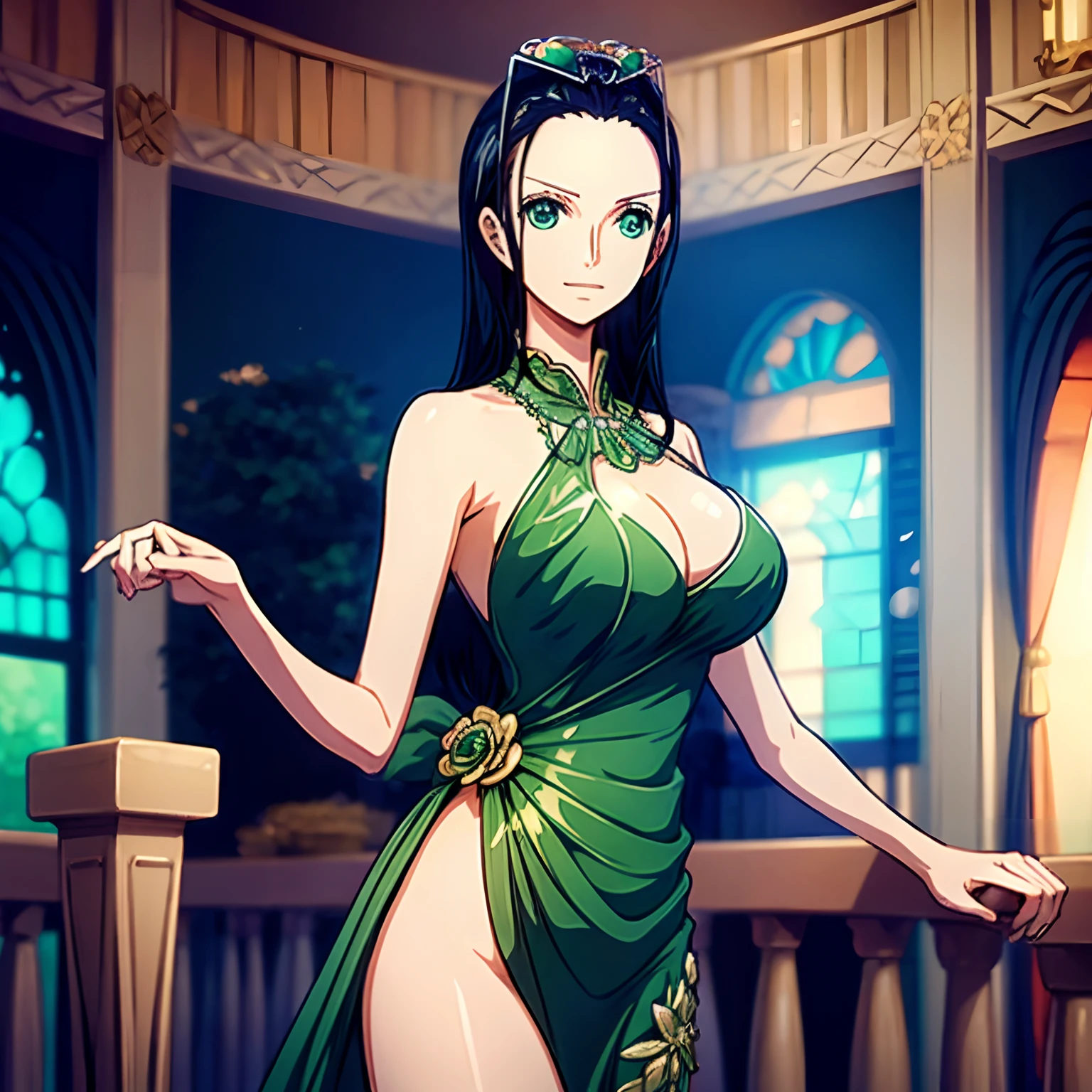 Alone at home, wearing a  green short  chiffon dress, with a transparent and embellished round neckline, and long transparent shoulders,Masterpiece, Best Quality, Volumetric Lighting, Dynamic Standing, Detailed Clothes, Detailed Face, Detailed Eyes