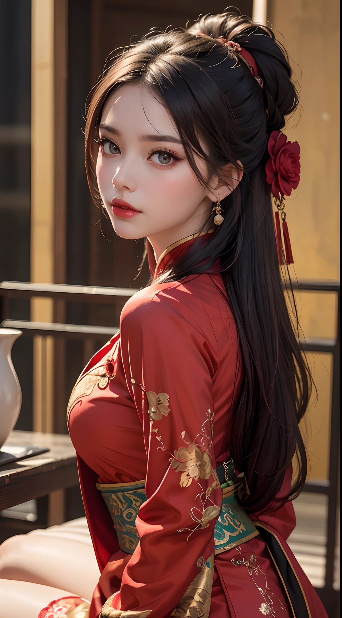 1 beautiful girl in beautiful hanfu costume, thin red silk shirt with many yellow motifs, black lace top, light pink rabbit ears, long hair dyed pale purple platinum, beautiful hair jewelry, pretty face cute pretty face, perfect face, earring jewelry, antique jewelry, big red eyes, sharp eye makeup, meticulous eyelash makeup, thin eyebrows, high nose, pretty red lips, no smile, pursed lips, rosy cheeks, big bust, big bust, well-proportioned bust, slim waist, red mesh stockings with black border , Chinese hanfu style, fictional art pattern, vivid and true color, RAW photo, real photo realistic, ultra-high quality 8k surreal photo, cool photo, (virtual lighting effect: 1.8), 10x pixels, magic effect (background): 1.8), (ultra-detailed eye: 1.8), (eyelids): eyes): red: 1.8), (black eye pupil: 1.8)beautiful girl portrait, alone girl, ancient hanfu background, looking directly at the audience, wide original image, 8k quality, super sharp , the most detailed and clear images, detailed bright background,