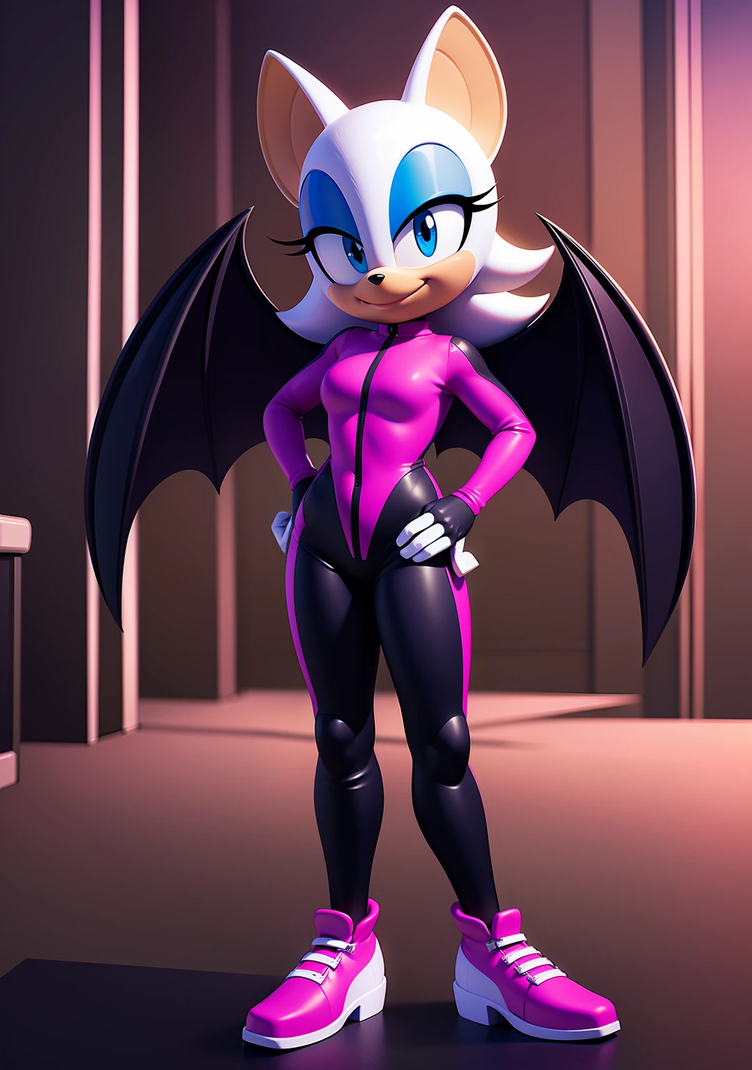 ((masterpiece)), ((8k quality)), (no watermark), Rouge the Bat, female, smiling, detailed nightclub background, standing, one hand on hip, other hand at side, (solo:1.4), full body racing suit