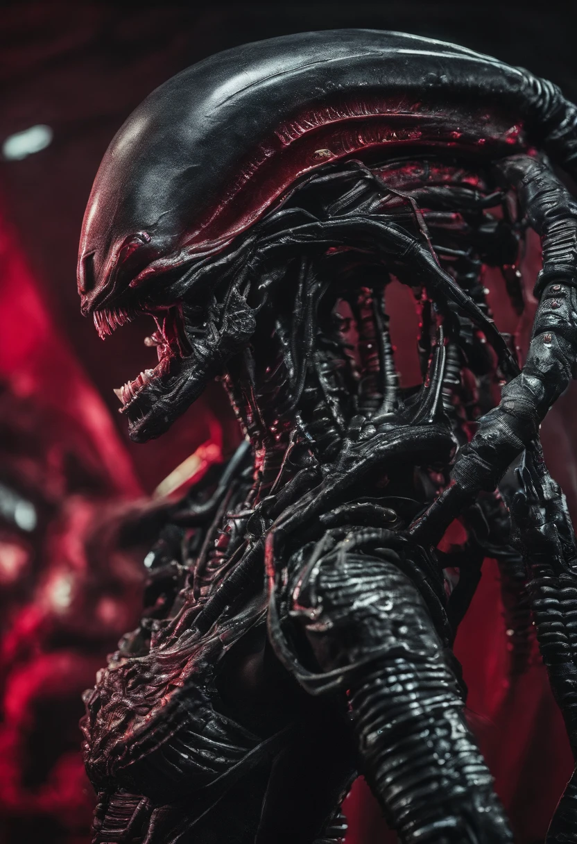 "Xenomorph alien with its teeth bared and salivating, displaying an angry or irritated expression. Its face or head is angled at 45 degrees, with the camera focusing on its face, illuminated by red light, while the background is blurred in a large science fiction spaceship setting."