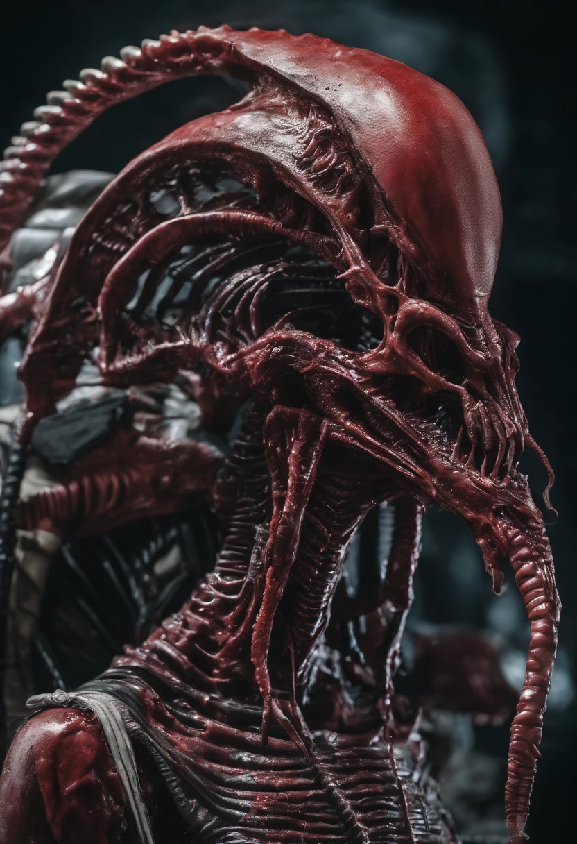 Zombie xenomorph large-breasted female warrior, character, wet plate collodion, sharp, high detail, Mathew Brady, portrait, red skin, devil structure, RTX technology, 4k resolution