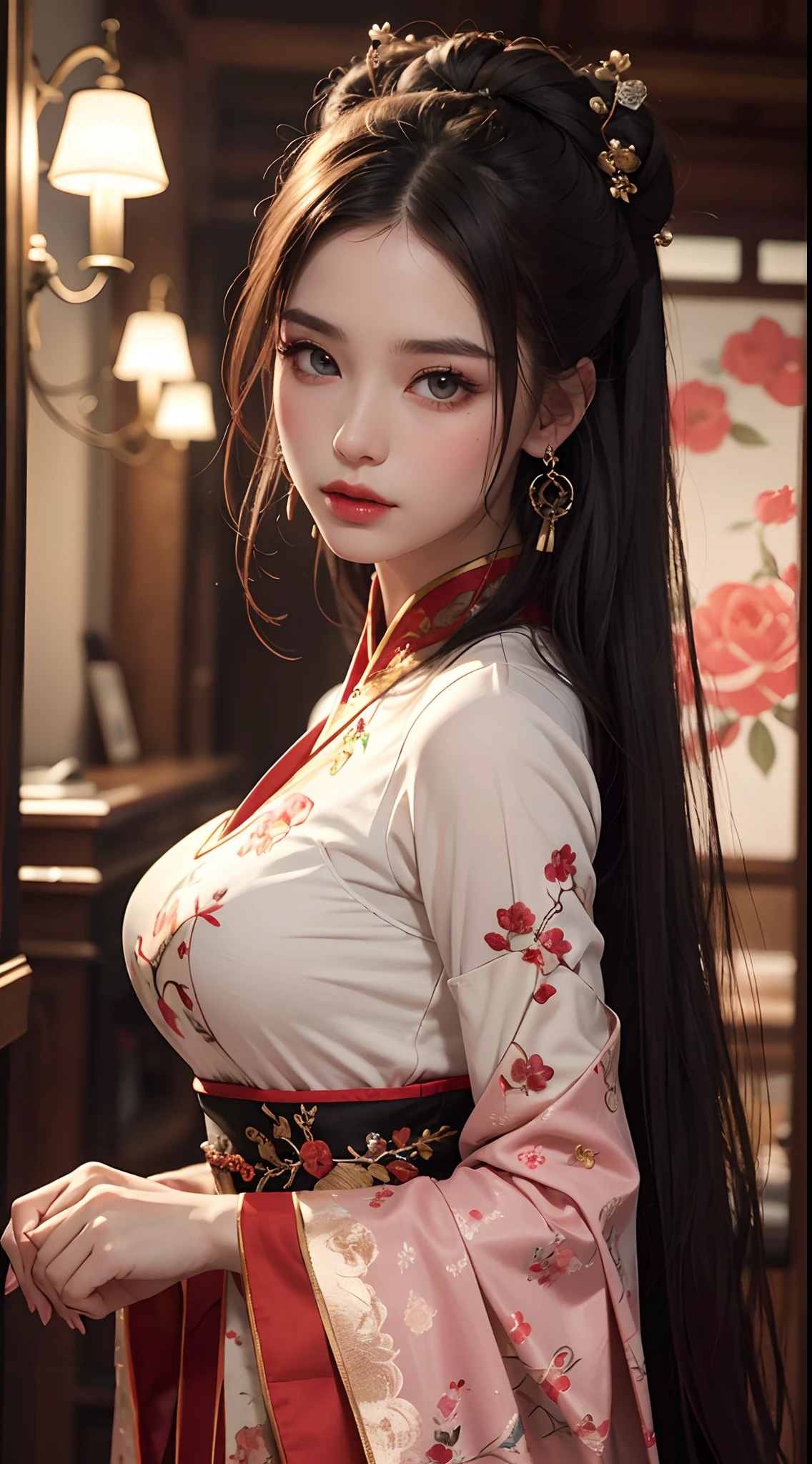 1 beautiful girl in beautiful hanfu costume, thin red silk shirt with many yellow motifs, black lace top, light pink rabbit ears, long hair dyed pale purple platinum, beautiful hair jewelry, pretty face cute pretty face, perfect face, earring jewelry, antique jewelry, big red eyes, sharp eye makeup, meticulous eyelash makeup, thin eyebrows, high nose, pretty red lips, no smile, pursed lips, rosy cheeks, big bust, big bust, well-proportioned bust, slim waist, red mesh stockings with black border , Chinese hanfu style, fictional art pattern, vivid and true color, RAW photo, real photo realistic, ultra-high quality 8k surreal photo, cool photo, (virtual lighting effect: 1.8), 10x pixels, magic effect (background): 1.8), (ultra-detailed eye: 1.8), (eyelids): eyes): red: 1.8), (black eye pupil: 1.8)beautiful girl portrait, alone girl, ancient hanfu background, looking directly at the audience, wide original image, 8k quality, super sharp , the most detailed and clear images, detailed bright background,