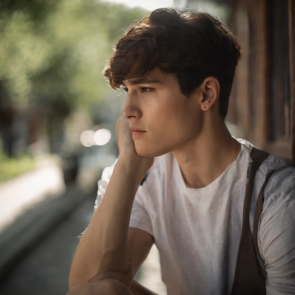 ember,brown hair, Short hair, violet eyes, Young 20 years old, Torn clothes, Sad, crying, male, dynamicpose, 独奏