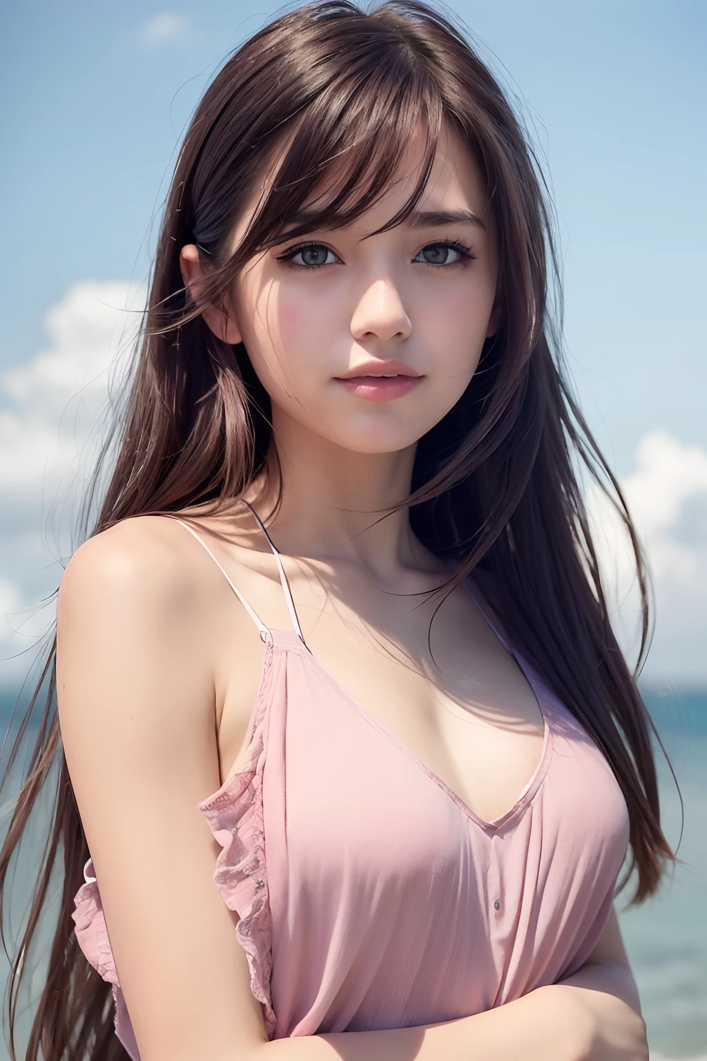 (8k, Best Quality, Masterpiece:1.2), (Realistic, Photorealistic:1.37), Ultra Detail, 1 Girl,Cute,Solo,Beautiful Detailed Sky,Date,(Blush),(Smile:1.15),(Closed Mouth)Small Breasts,Beautiful Detailed Eyes,(Long Hair: 1.2),Floating Hair NovaFrogStyle, Upper Body, Tank Top