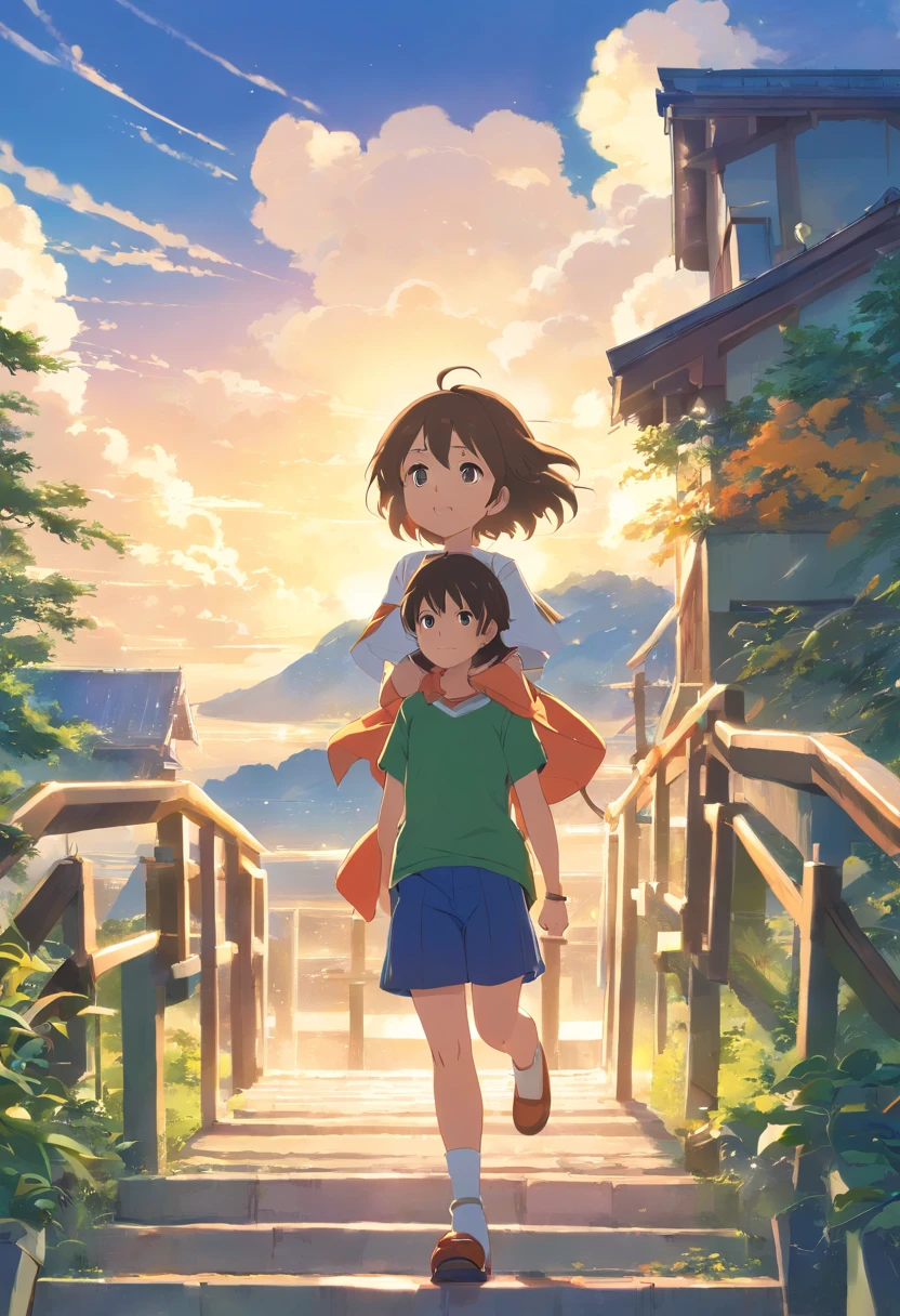 "(((masutepiece))), Best Quality Adventurer Anime Illustration、Mignonne petite fille blanche, cheveux longs blonds. Accompanied by a white boy, cheveux bruns, assez courts. Only 2 very smiling characters. You venture into a children's playground in the middle of the day. lever du soleil. Toboggan. Very high definition