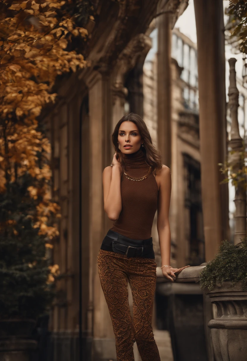 (Masterpiece, Best quality), beautiful woman, Detailed top with sleeveless turtleneck, pantalon, collier, wavy hair, visage parfait, beau visage, Attirant, De grands yeux magnifiques, ouvrir bouche, content, Corps slim fit parfait, (outdoor), Rues de la ville, New York, couleurs vives