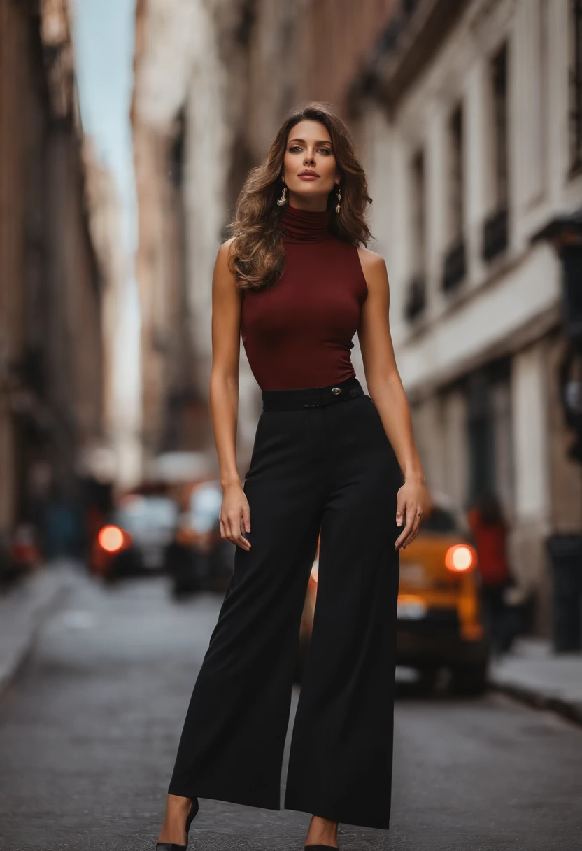 (Masterpiece, Best quality), beautiful woman, Detailed top with sleeveless turtleneck, pantalon, collier, wavy hair, visage parfait, beau visage, Attirant, De grands yeux magnifiques, ouvrir bouche, content, Corps slim fit parfait, (outdoor), Rues de la ville, New York, couleurs vives