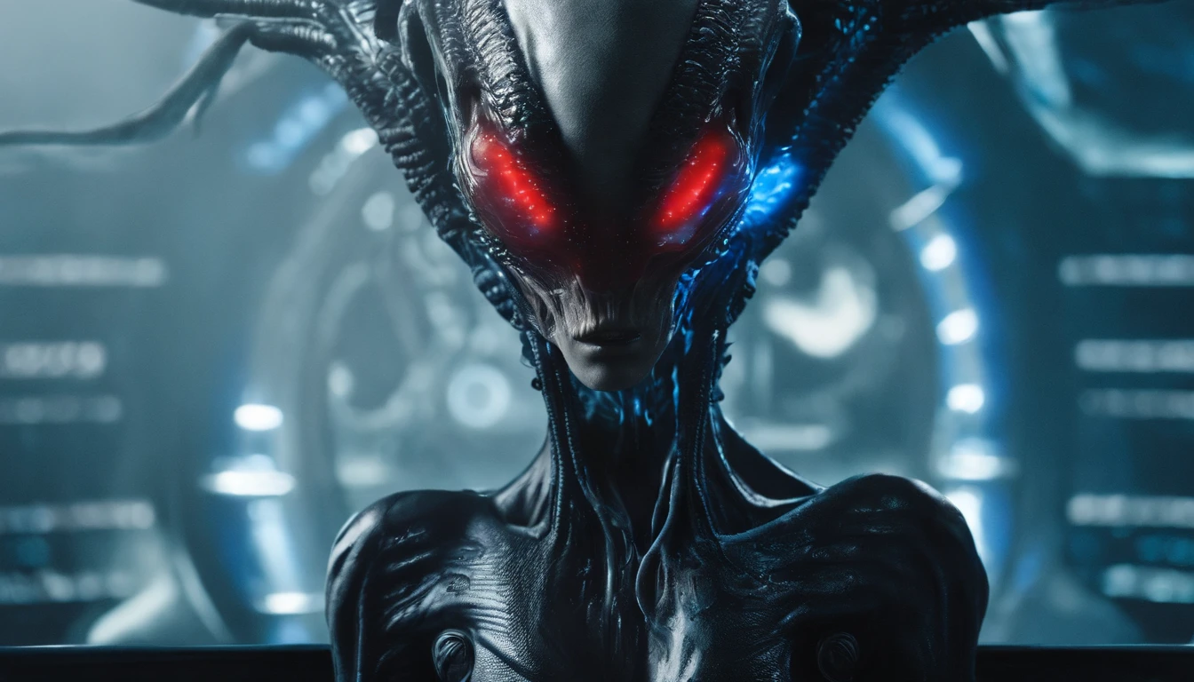 Large breasted lady as an xenomorph from the alien movie series. Super detailed, hires, 8K, deph of field, photo-realistic. dark gloomy background, monstrous, (white hair with blue and red tips), blue eyes