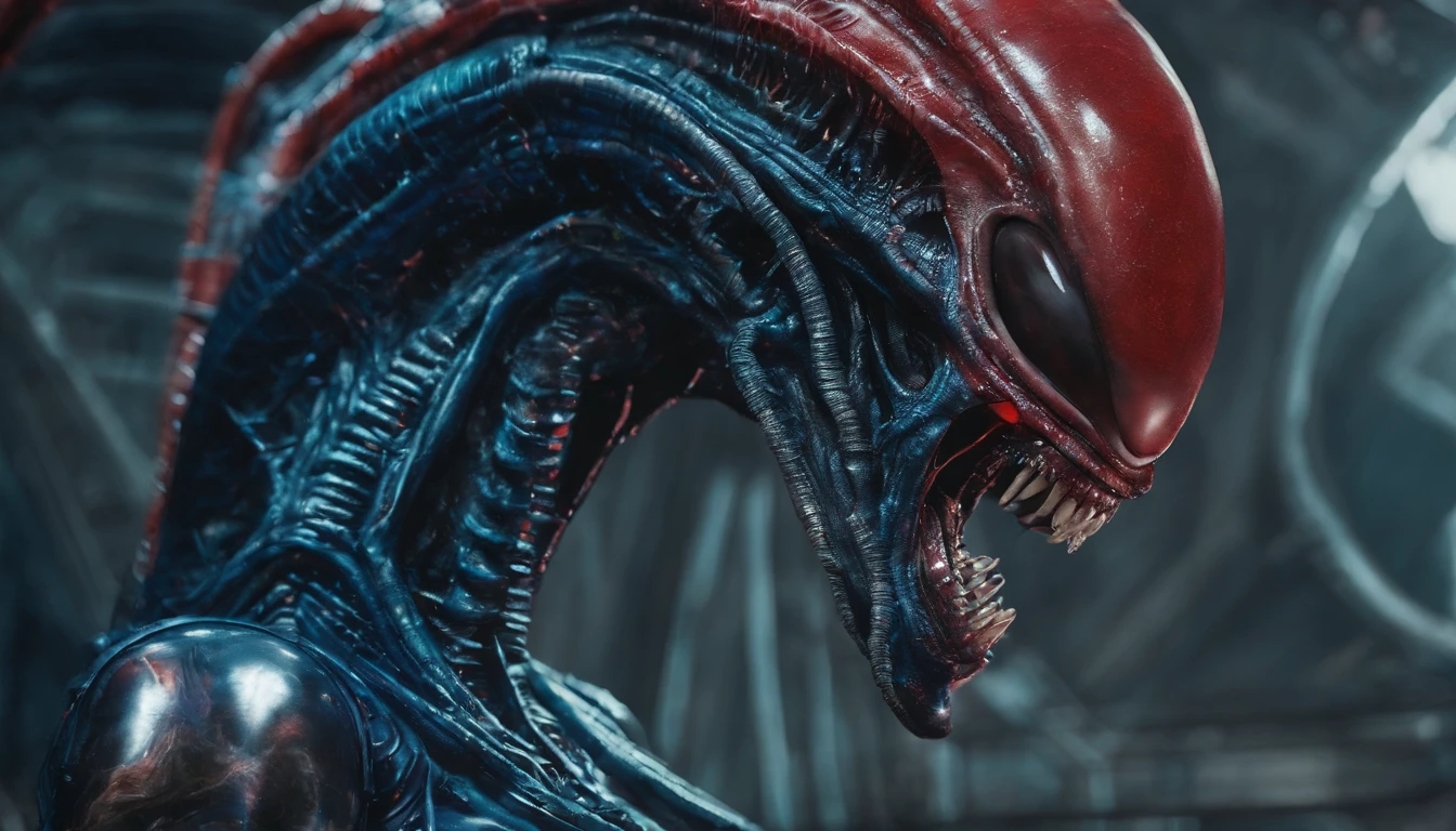 Large breasted lady as an xenomorph from the alien movie series. Super detailed, hires, 8K, deph of field, photo-realistic. dark gloomy background, monstrous, (white hair with blue and red tips), blue eyes