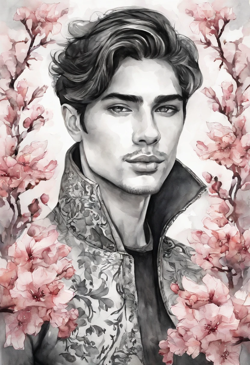 (best quality,realistic:1.37),portrait,anime,sketch,tattoo,boy,black and white,detailed eyes,detailed hair,expressive face,stylized clothing,adorned with intricate patterns,vibrant colors,contrasting shadows,dynamic pose,background of cherry blossom,soft lighting