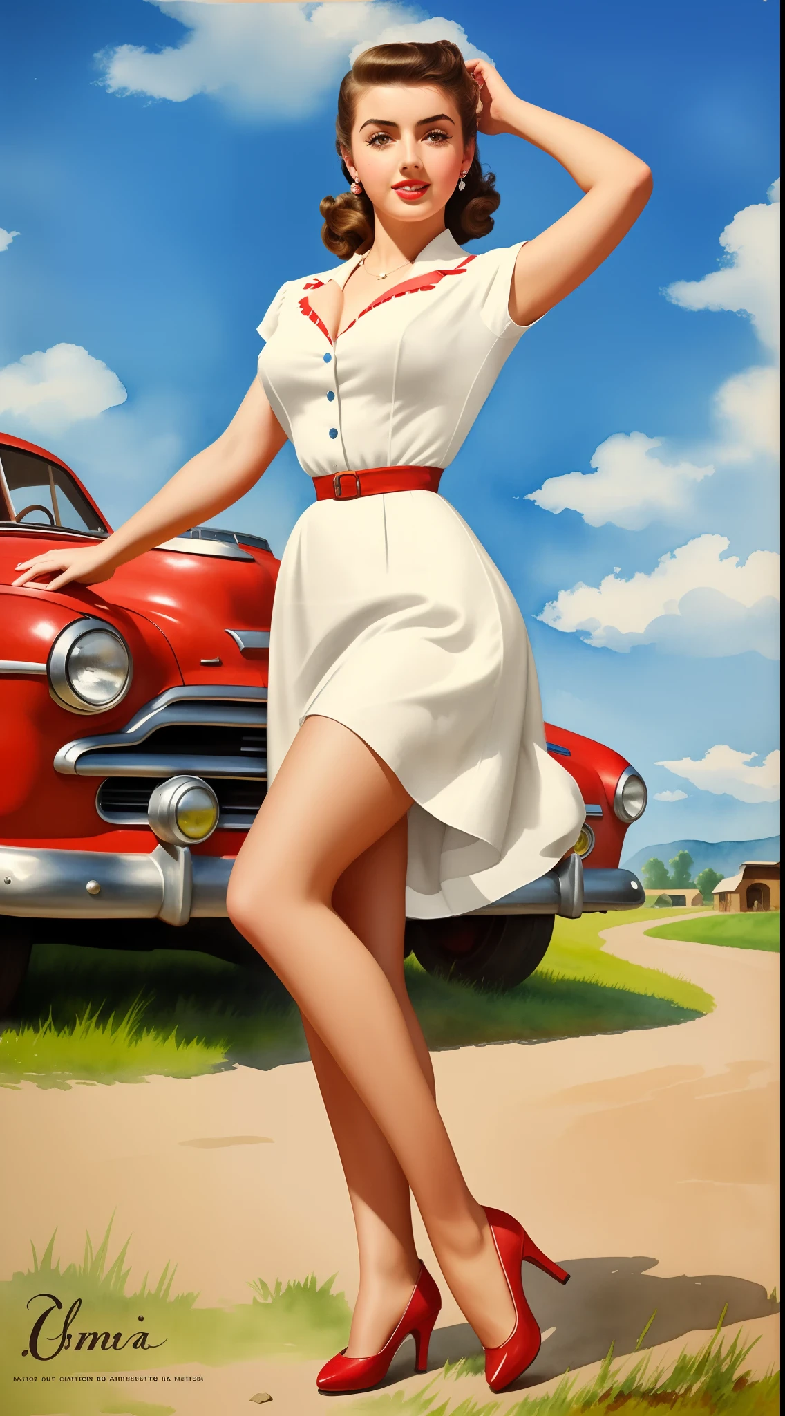 1950s Watercolor, Pen and Ink, 25 yo Ana de Armas in retro fashion, pin-up style, full body shot, depiction of rural life, light gray and light brown and red and white and blue, in the style of classical Americana, mottled, playful innocence, dotted, cutout from white background, in the style of Andrew Loomis, masterpiece art work,