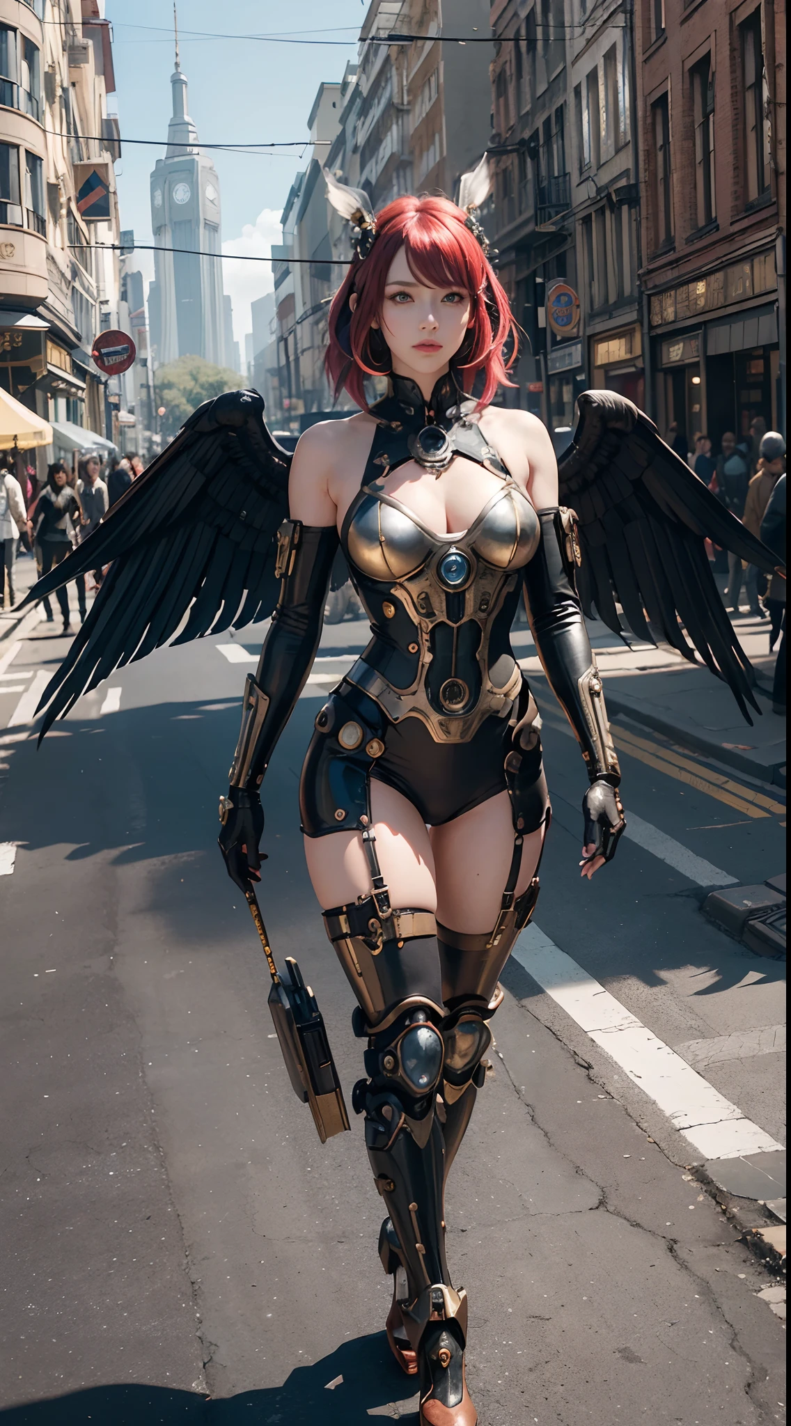 wide wide shot,(Best quality,Masterpiece:1.2),In steampunk style:(A cyborg),(独奏:1.3),Rabbit ears,Colored hair,(There is a pair of huge feathered wings on the shoulders),perfectly proportions,(metal gears,Copper tubes,Brass fittings,Synchronize motion),(Footwear),Slim,Shiny metal。(Facing the lens,Central symmetry),standing on your feet,the street,(dystopian,industry,Victorian,retro-futuristic),Vibrant colors,The lighting is dramatic, Bright areas contrast strongly with deep shadows, creating a sense of depth and dimension. The overall composition is vibrant and captivating, Grace, There is also a touch of mystery.