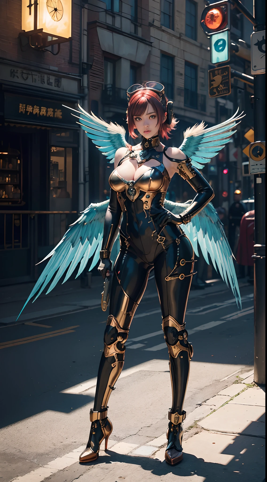 wide wide shot,(Best quality,Masterpiece:1.2),In steampunk style:(A cyborg),(独奏:1.3),Rabbit ears,Colored hair,(There is a pair of huge feathered wings on the shoulders),perfectly proportions,(metal gears,Copper tubes,Brass fittings,Synchronize motion),(Footwear),Slim,Shiny metal。(Facing the lens,Central symmetry),standing on your feet,the street,(dystopian,industry,Victorian,retro-futuristic),Vibrant colors,The lighting is dramatic, Bright areas contrast strongly with deep shadows, creating a sense of depth and dimension. The overall composition is vibrant and captivating, Grace, There is also a touch of mystery.