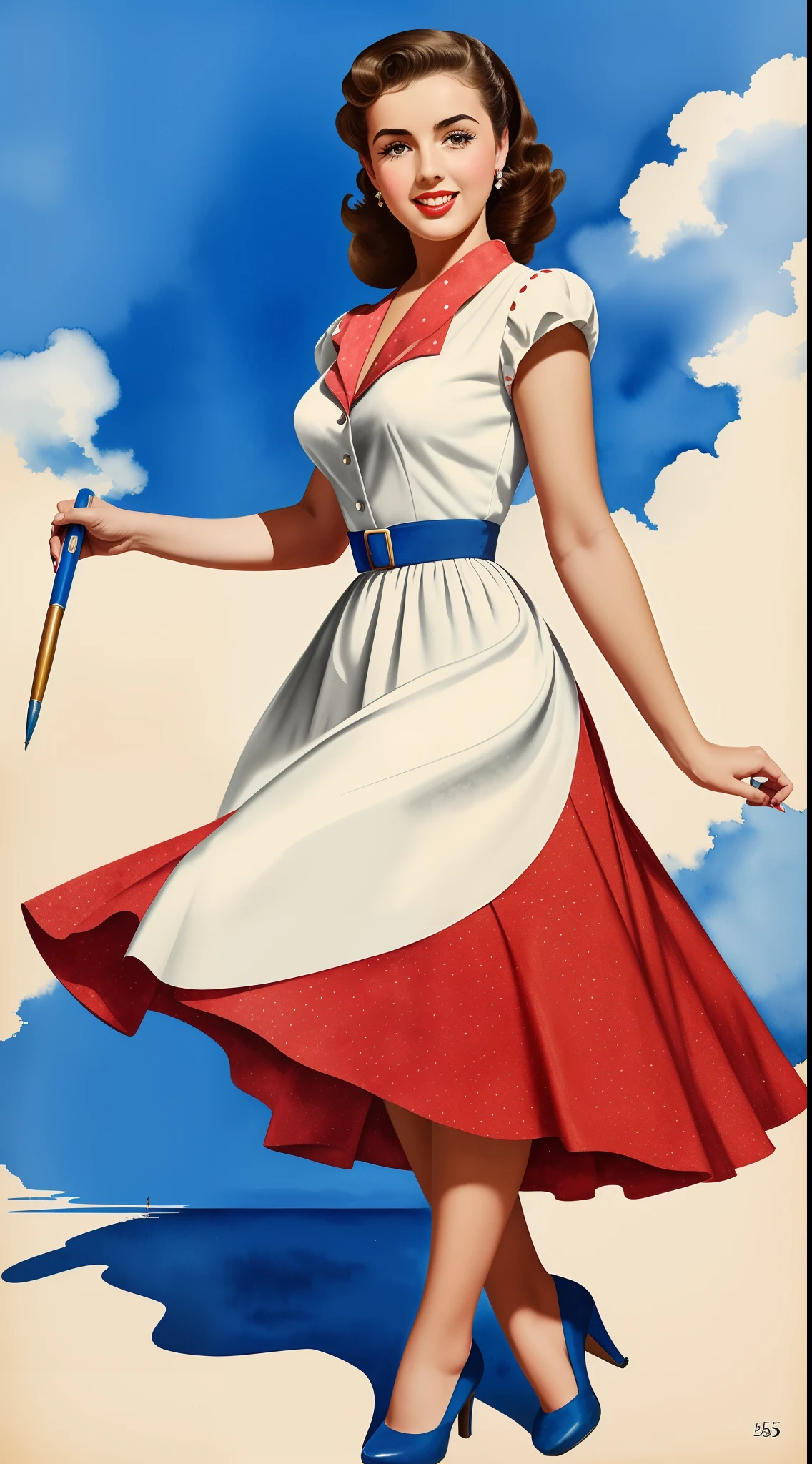 1950s Watercolor, Pen and Ink, 25 yo Ana de Armas in retro fashion, pin-up style, full body shot, depiction of rural life, light gray and light brown and red and white and blue, in the style of classical Americana, mottled, playful innocence, dotted, cutout from white background, in the style of Andrew Loomis, masterpiece art work,