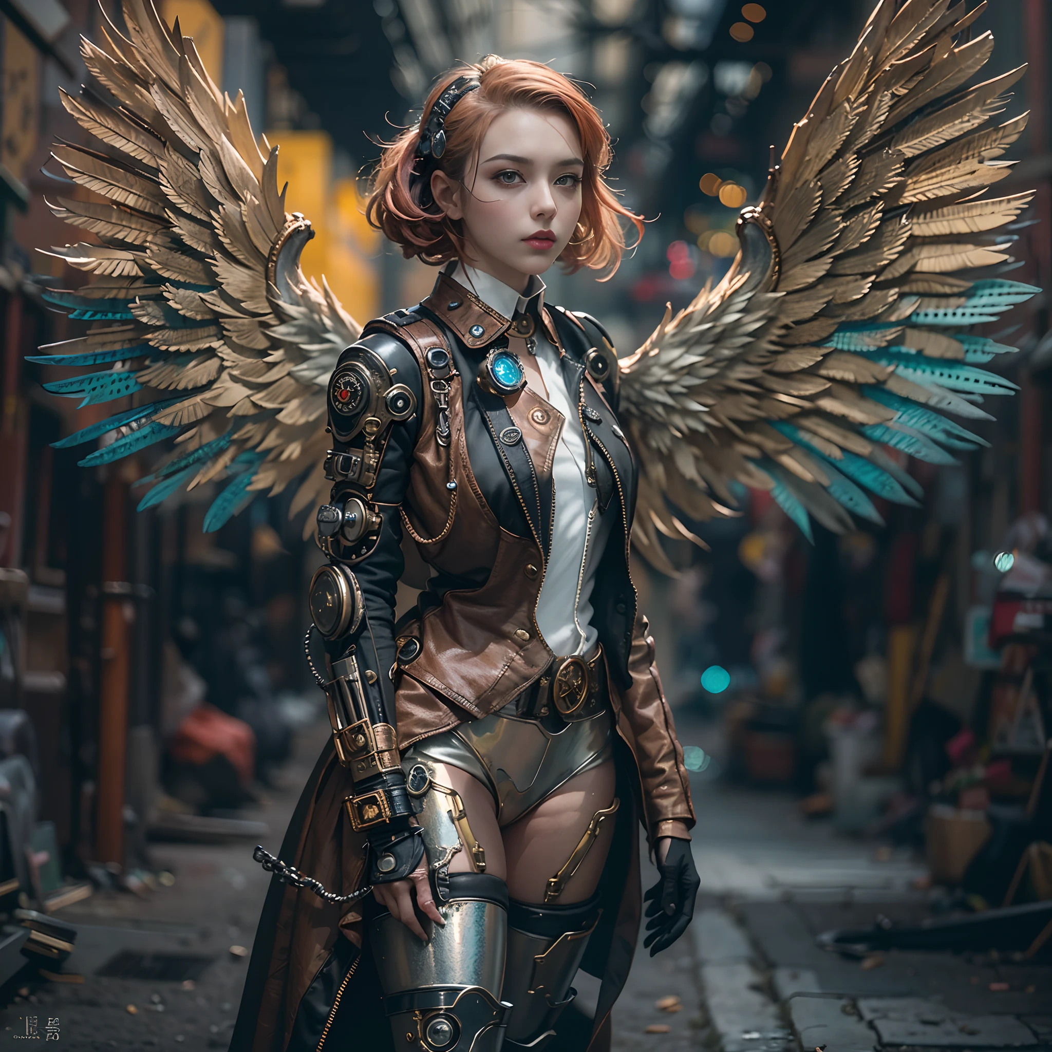 Street photography style image. A full body snapshot of a smiley beautiful 19-years-old caucasian girl in light gray steampunk costume, very intricate steampunk accessary on the costume, perfect detailed face, detailed symmetric green eyes with circular iris, wavy ginger hair, wearing enormous mechanical wings in her back, overall theme is street photography in Industrial Steampunk City, cogs and gears, steamy background with lots of steam pipes and steam valves and pressure gauges and gears, realistic, stunning realistic photograph, 3d render, octane render, intricately detailed, cinematic, Isometric, Centered, hyperealistic cover photo, awesome full color, 12k, high definition, cinematic, portrait featured on unsplash, smooth, ultra high definition, 8k, ultra sharp focus, intricate artwork, masterpiece, ominous, epic, highly detailed, warm cinematic lighting, high contrast lighting, hyper photorealism, DSLR, Canon 5D, 8k resolution,