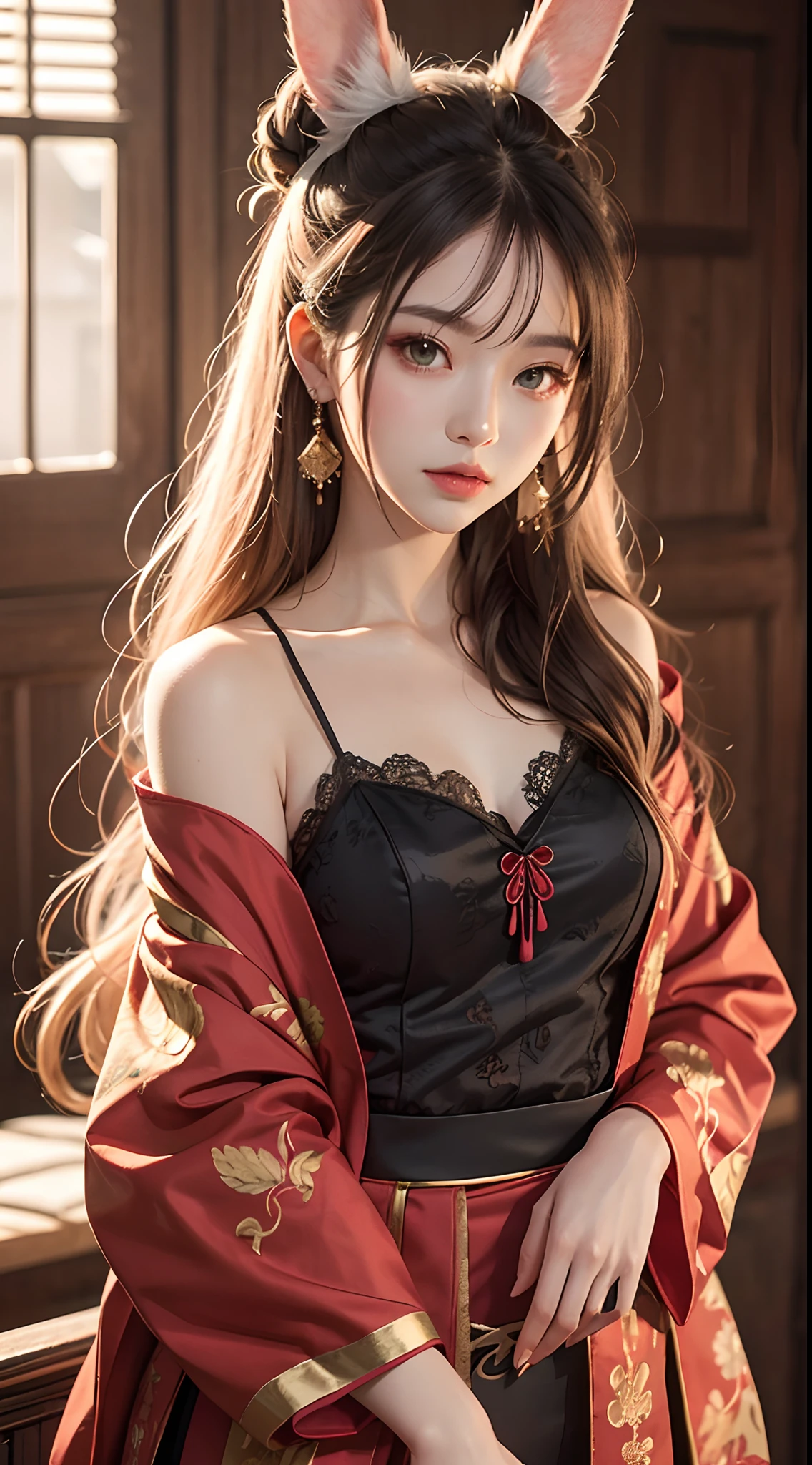 A stunning girl in a traditional hanfu costume, adorned with a thin red silk shirt featuring intricate yellow motifs. Her black lace top adds a touch of elegance to her outfit, while her light pink rabbit ears add a playful element. Her long hair is dyed a pale purple platinum, and is adorned with beautiful hair jewelry. Her pretty face is accentuated by her perfect features, and her earring jewelry adds a final touch of beauty.