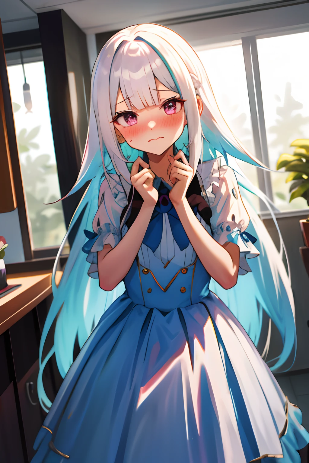 One girl with long hair, white hair, looking at viewer, embarrassed, blushing, indoor , idol dress, idol pose