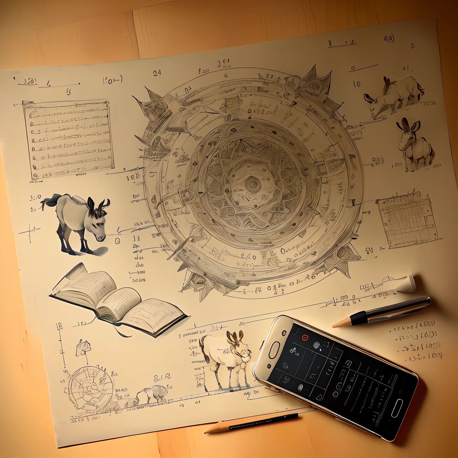 Make a wallpaper in which you have drawn several donkeys, Books and mathematical equations