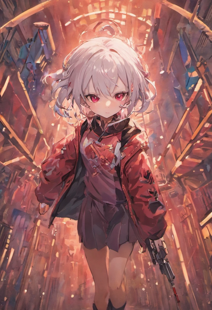(masterpiece:1.2), best quality , PIXIV, girl, white hair , red eyes ,Have a gun in her hand ,