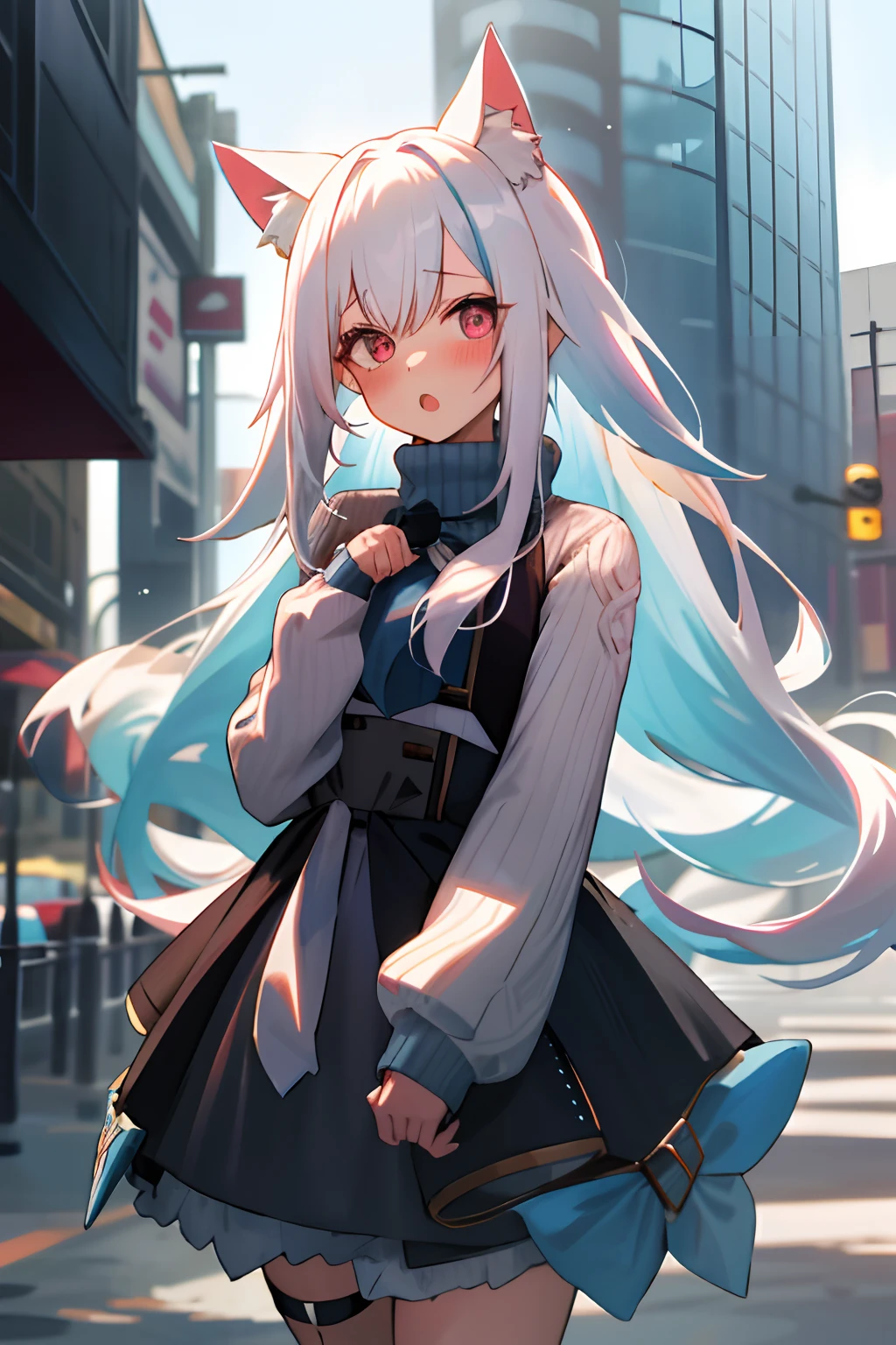 One girl with long hair, white hair, looking at viewer, embarrassed, blushing, :o, outdoor, sweater, long sleeves, black hight waist skirt, thigh , cat ears, cat tails, round glasess, arms in chest