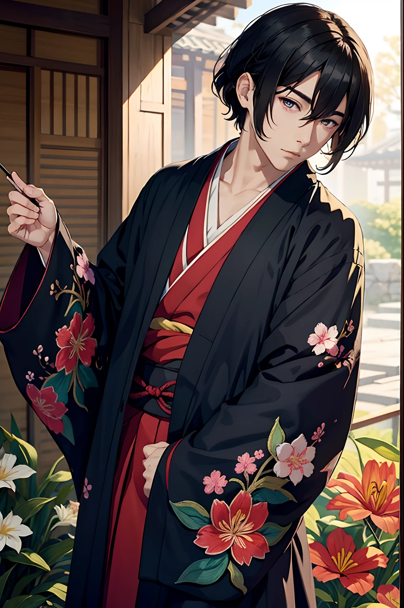 anime man with dark hair, kimono with lily embroidery