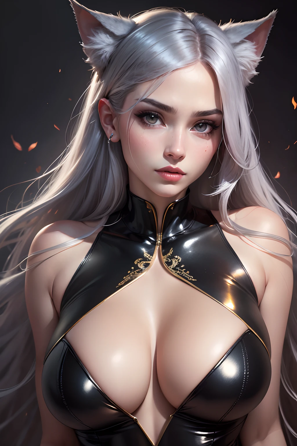 (best quality,4k,highres,masterpiece:1.2),ultra-detailed,realistic, portraits, intense lighting, vibrant colors, latex texture, seductive gaze, confident posture, dark background, high fashion, elegant, long flowing white hair, glossy lips, curvaceous figure, mysterious atmosphere, exotic beauty, mesmerizing eyes, intricate patterns, alluring charm, subtle smile, captivating presence, graceful movement, alluring neko ears, sleek and shiny catsuit, playful tail, alluring pose, powerful aura.