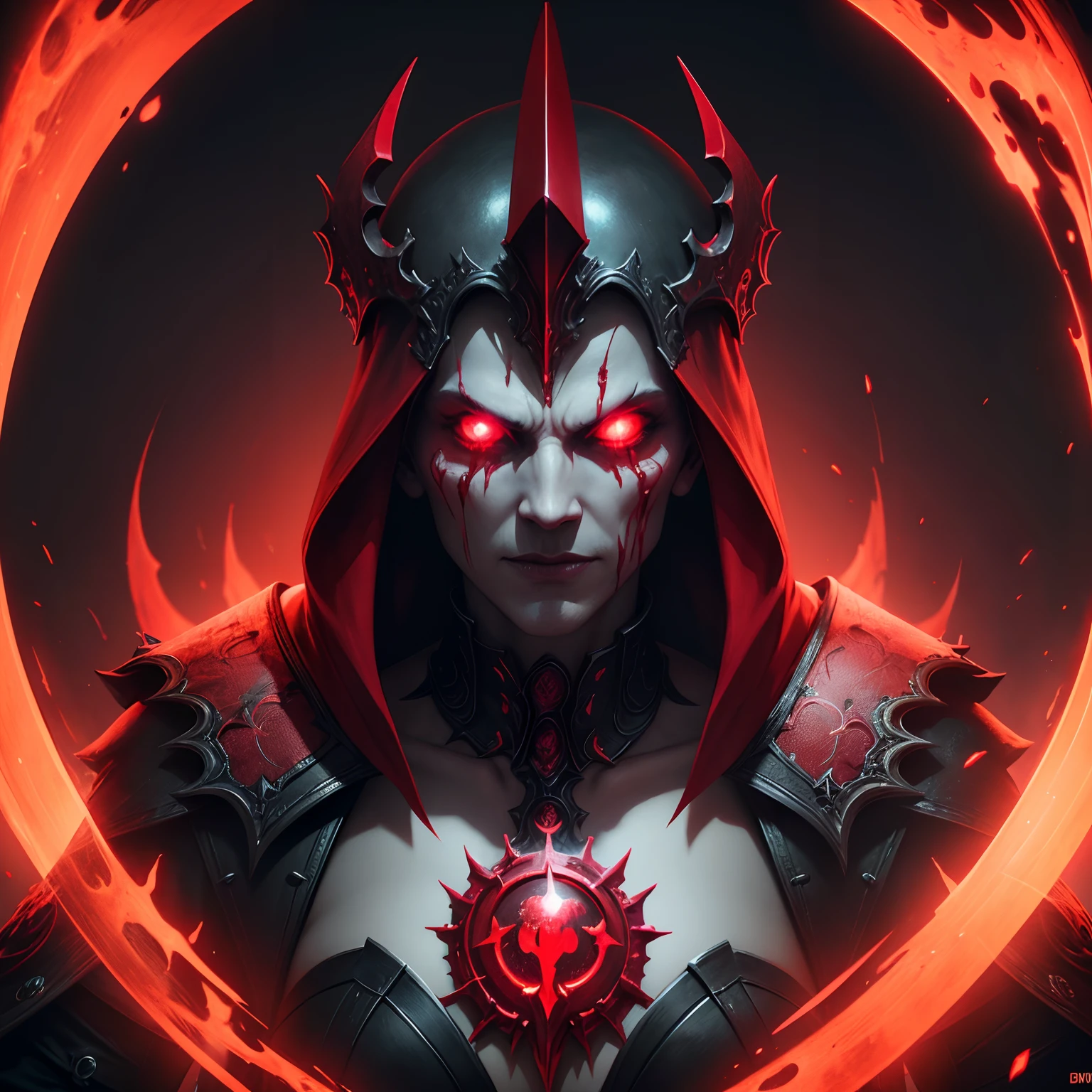 A red necromancer, blood moon, ray tracing, masterpiece, best quality, ultra quality, absurd details, best light, best shadow, sharp, sharp image, detailed, extremely detailed, great resolution, 8k, 4k, uhd, particle effects, beautiful effects, vivid colors, neon light, neon, light,
