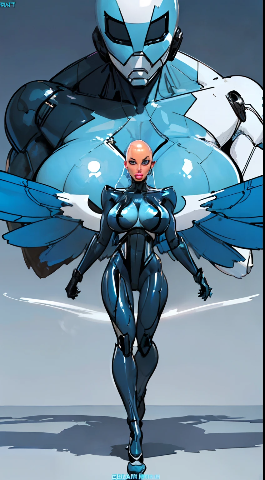 8k ((full body view:1.4)) (large eyes:1.3), defined cheekbones, 1woman, ((the pit style:1.4))((woman has no face, ((sleek chrome bodysuit:1.6)) (detailed face:1.5), lightblue skin,(puffy lips:1.5) (lightblue skin:1.6), (bald woman:1.7), (skinhead) ((stands confident)),(Muscular:1.3), ((gigantic breasts:1.5)) ((side view:0.6)), )highly detailed, majestic, digital photography, art by artgerm and ruan jia and greg rutkowski, ((metal wings on back)), (masterpiece, sidelighting, intricate details, black and blue color palette