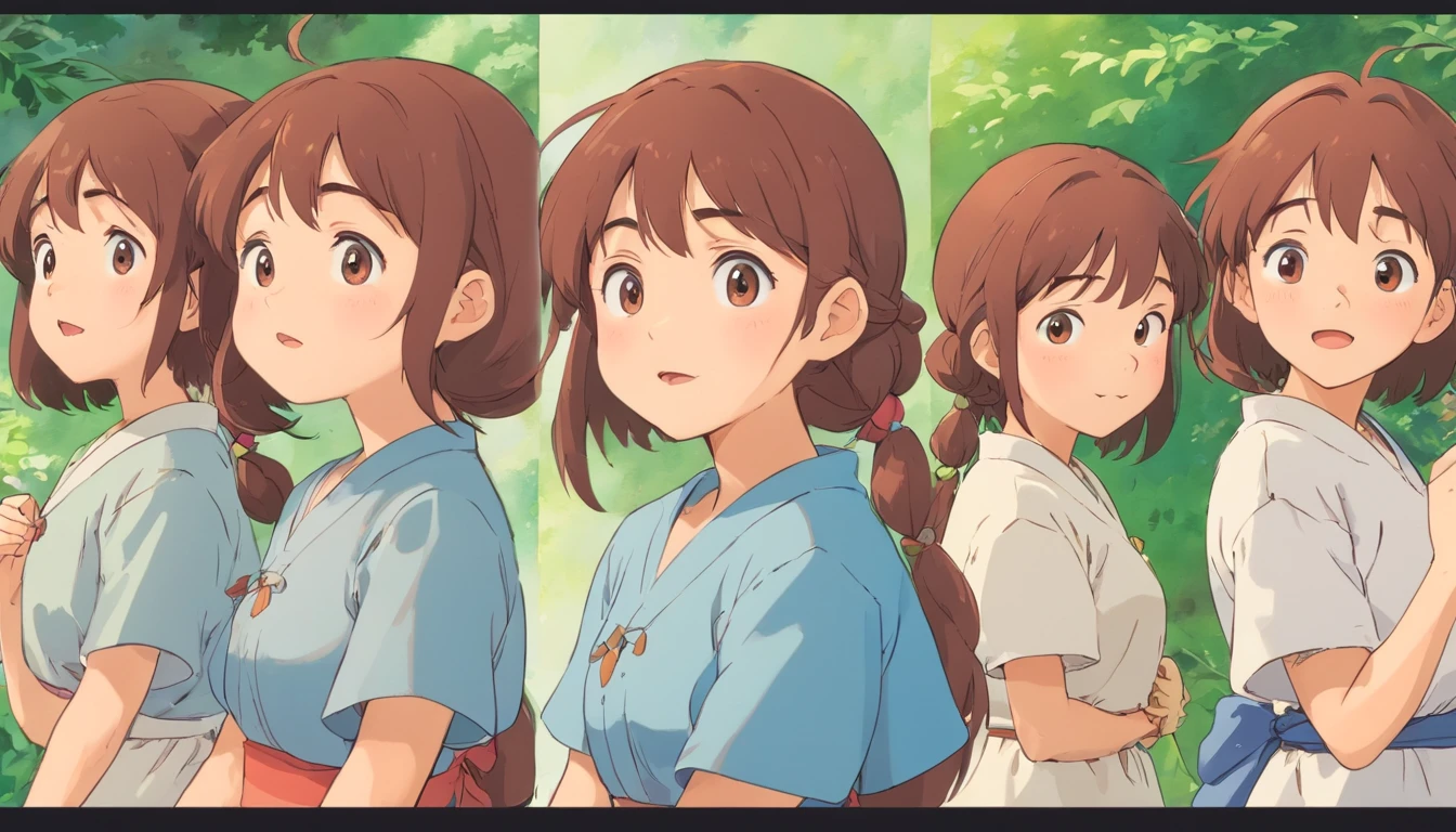 Cute Girl, Multiple poses and expressions, Multiple angles, character sheets, Ghibli style, 児童書, illstration
